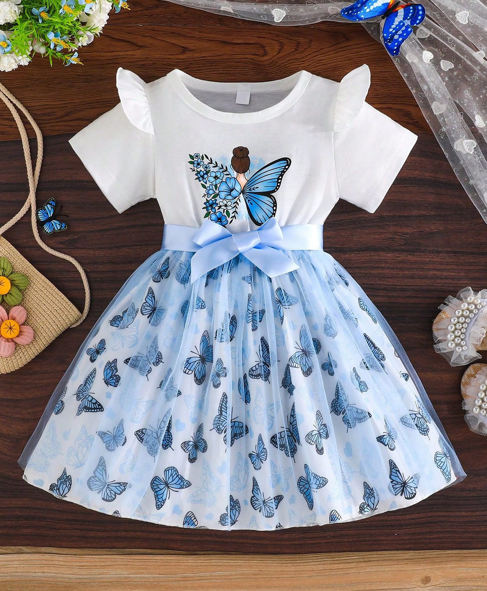 tior Woven Net Knit Half Sleeves Butterfly Printed Dress - White-image-3