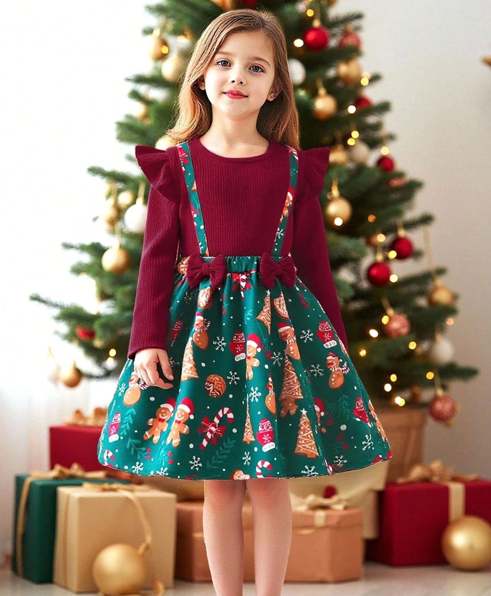 tior Mesh Knit Christmas Theme Full Sleeves Candy Cane & Gingerbread Man Printed Dress - Green-image-4