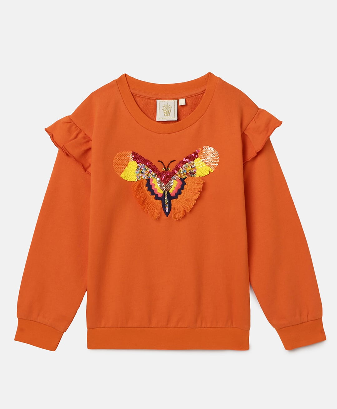 BYB Premium Cotton Knit Full Sleeves Dragonfly Designed Sequins Embellished Sweatshirt - Orange-image-2