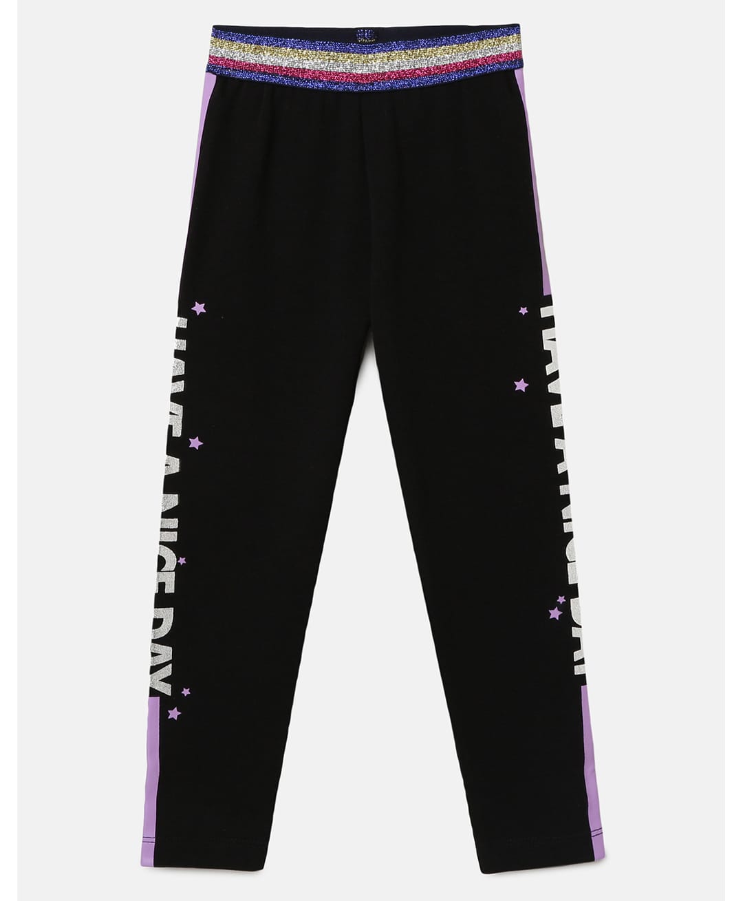 BYB Premium Cotton Knit Have A Nice Day Text Printed Glitter Detailed Leggings - Black-picture-10