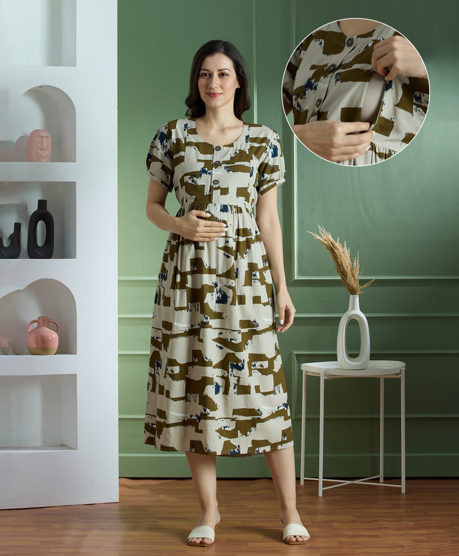 NIGHTSPREE Viscose Rayon Woven Half Sleeves Abstract Printed Maternity Dress With Side Zipper Nursing Access -Olive-image-37