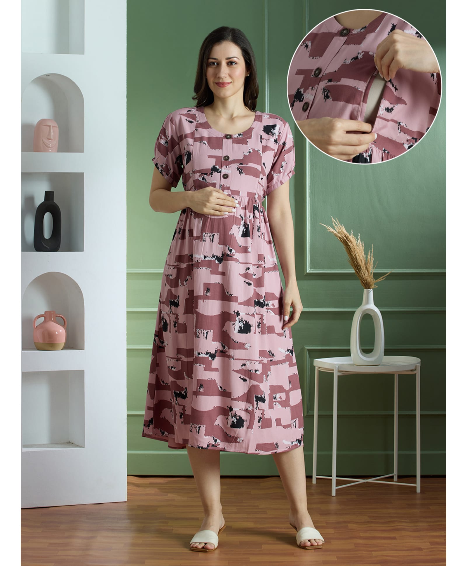 NIGHTSPREE Viscose Rayon Woven Half Sleeves Abstract Printed Maternity Dress With Side Zipper Nursing Access -Pink-picture-48
