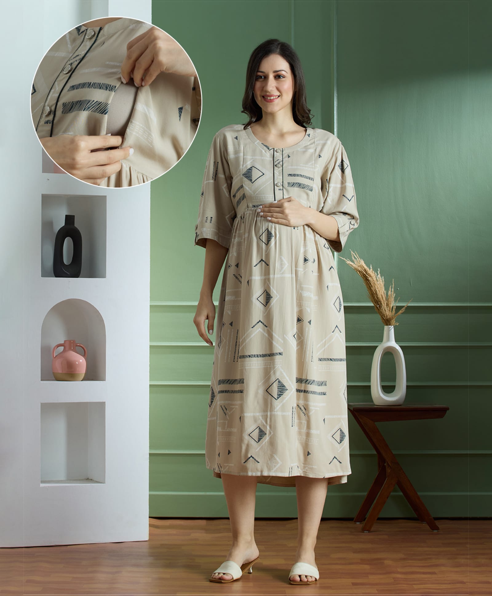 NIGHTSPREE Viscose Rayon Woven Three Fourth Sleeves Abstract Printed Maternity Dress With Side Zipper Nursing Access - Beige-picture-13