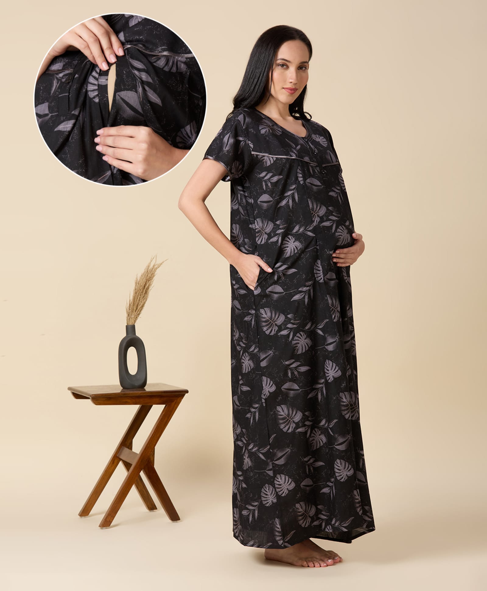 NIGHTSPREE Cotton Woven Half Sleeves Leaf Printed Maternity Night Gown With Side Zipper Nursing Access - Black-picture-17