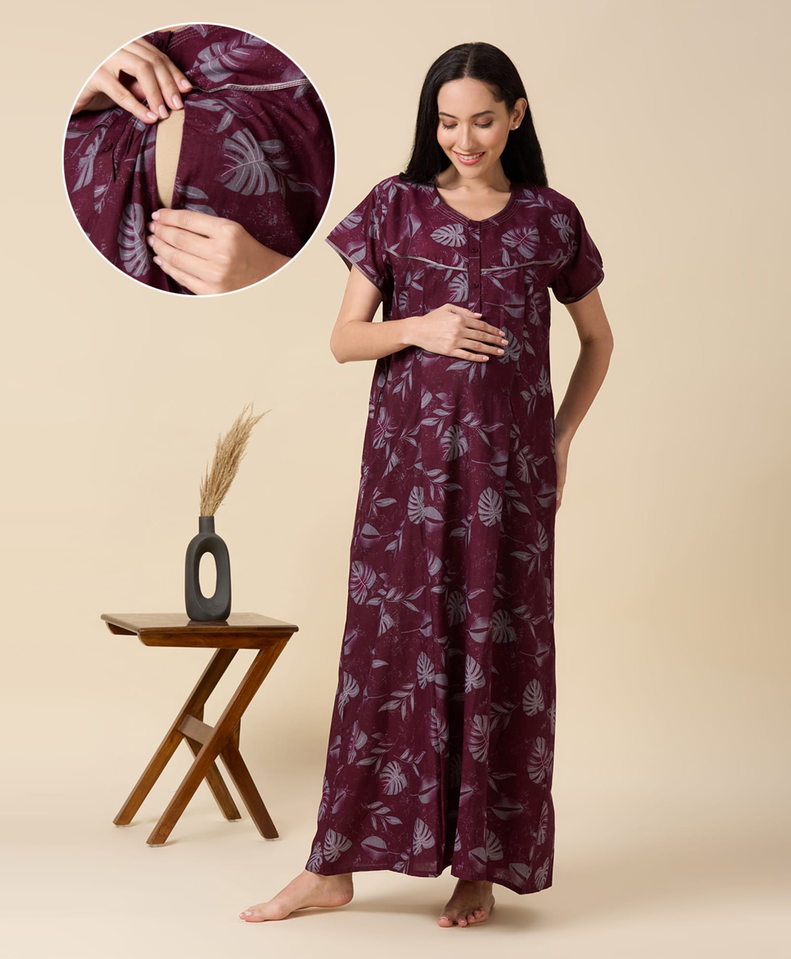 NIGHTSPREE Cotton Woven Half Sleeves Leaf Printed Maternity Night Gown With Side Zipper Nursing Access - Maroon-picture-33