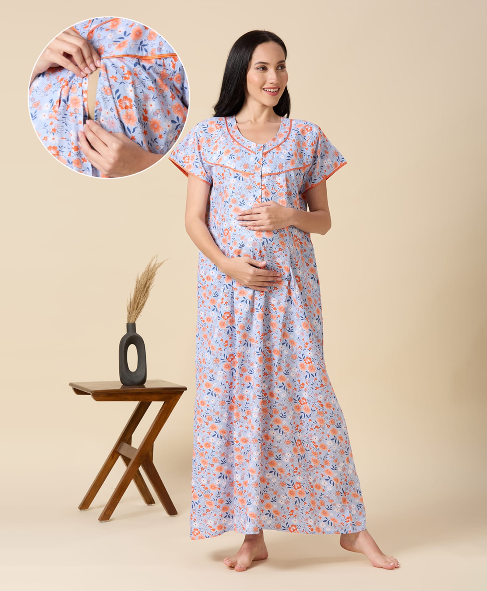 NIGHTSPREE Pure Cotton Woven Half Sleeves Floral Printed Maternity Night Gown With Side Zipper Nursing Access - Blue-picture-20