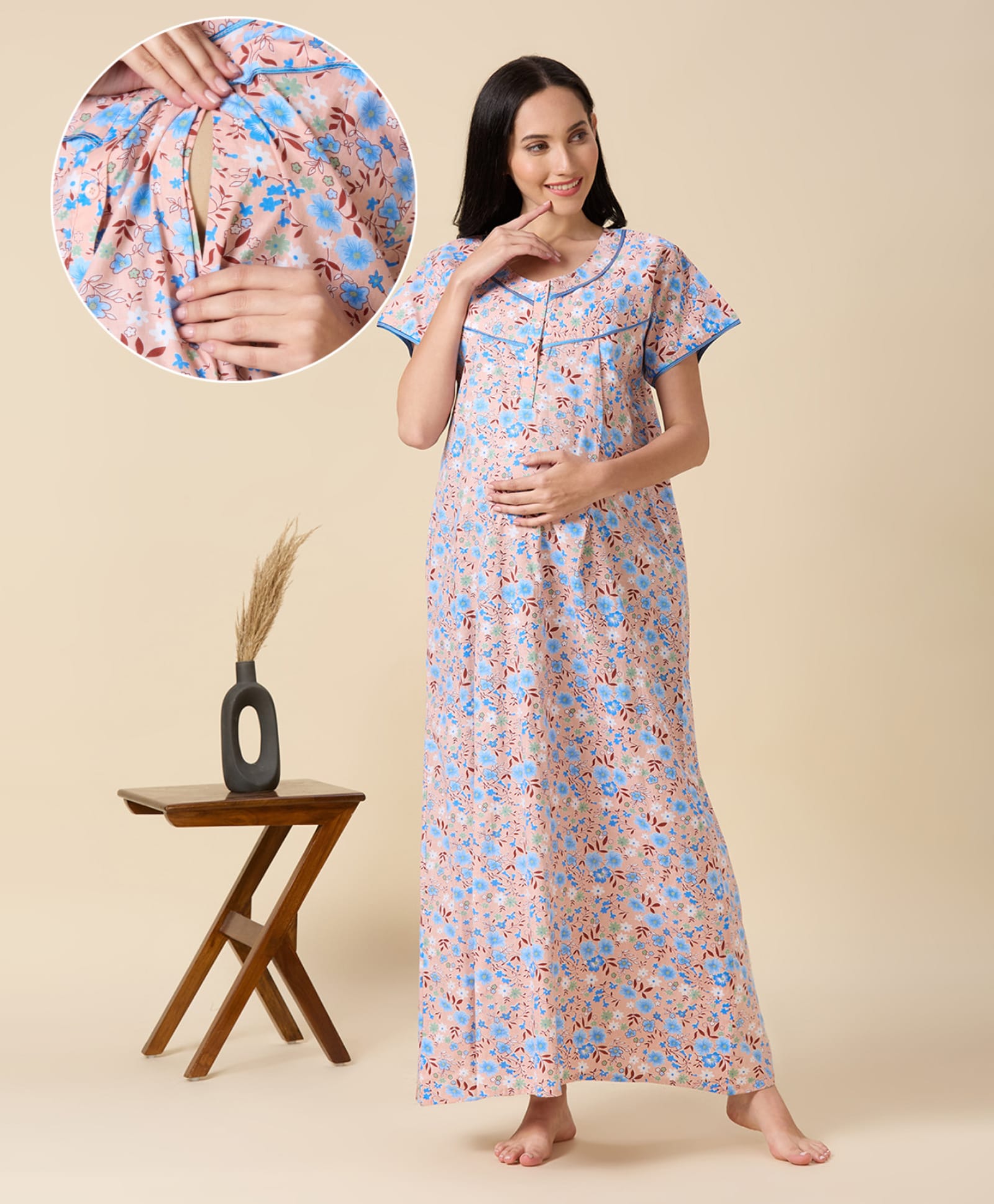 NIGHTSPREE Pure Cotton Woven Half Sleeves Floral Printed Maternity Night Gown With Side Zipper Nursing Access - Peach-image-26