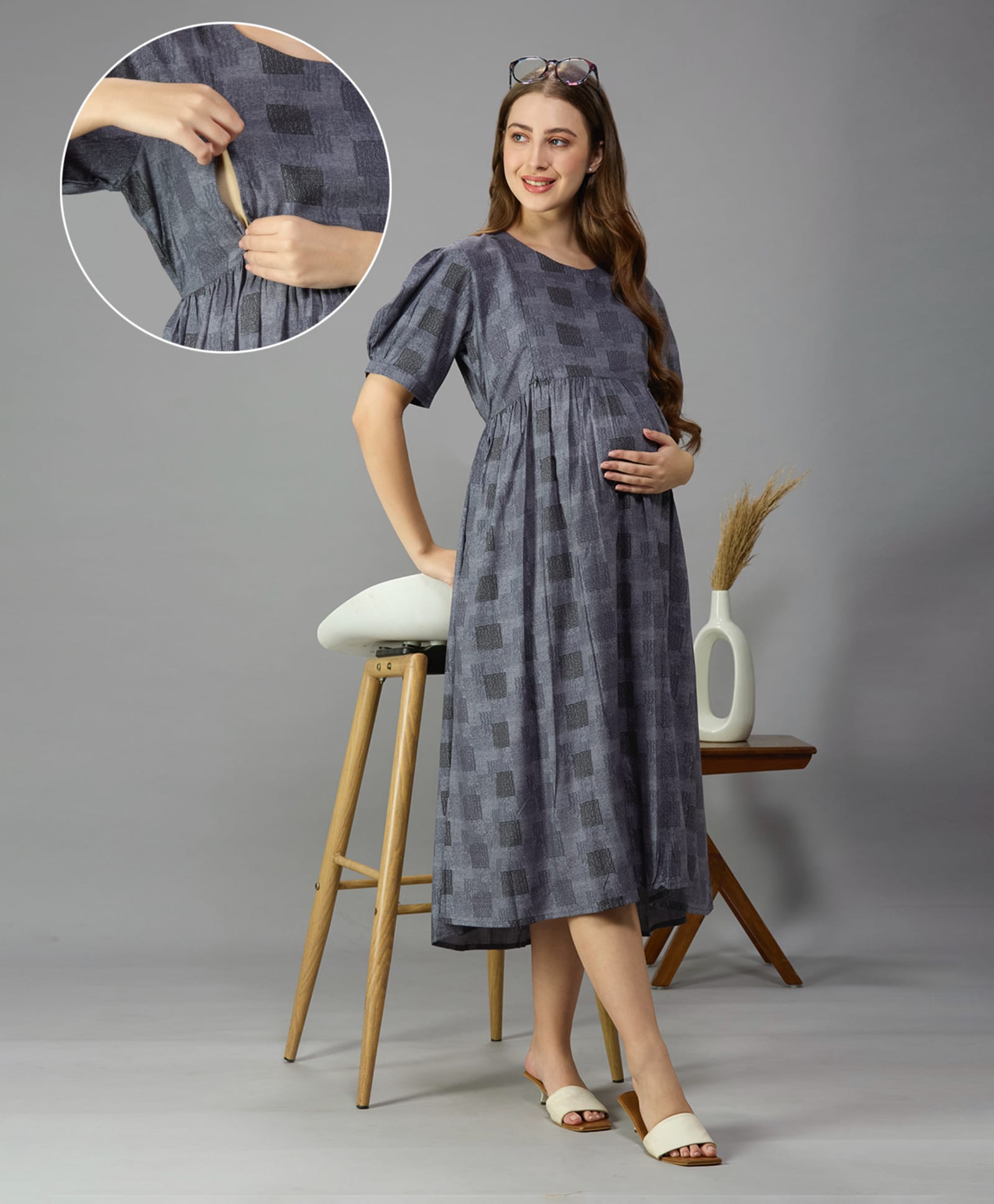 NIGHTSPREE Cotton Woven Half Sleeves Geometric Printed Maternity Dress With Side Zipper Nursing Access - Grey-picture-39