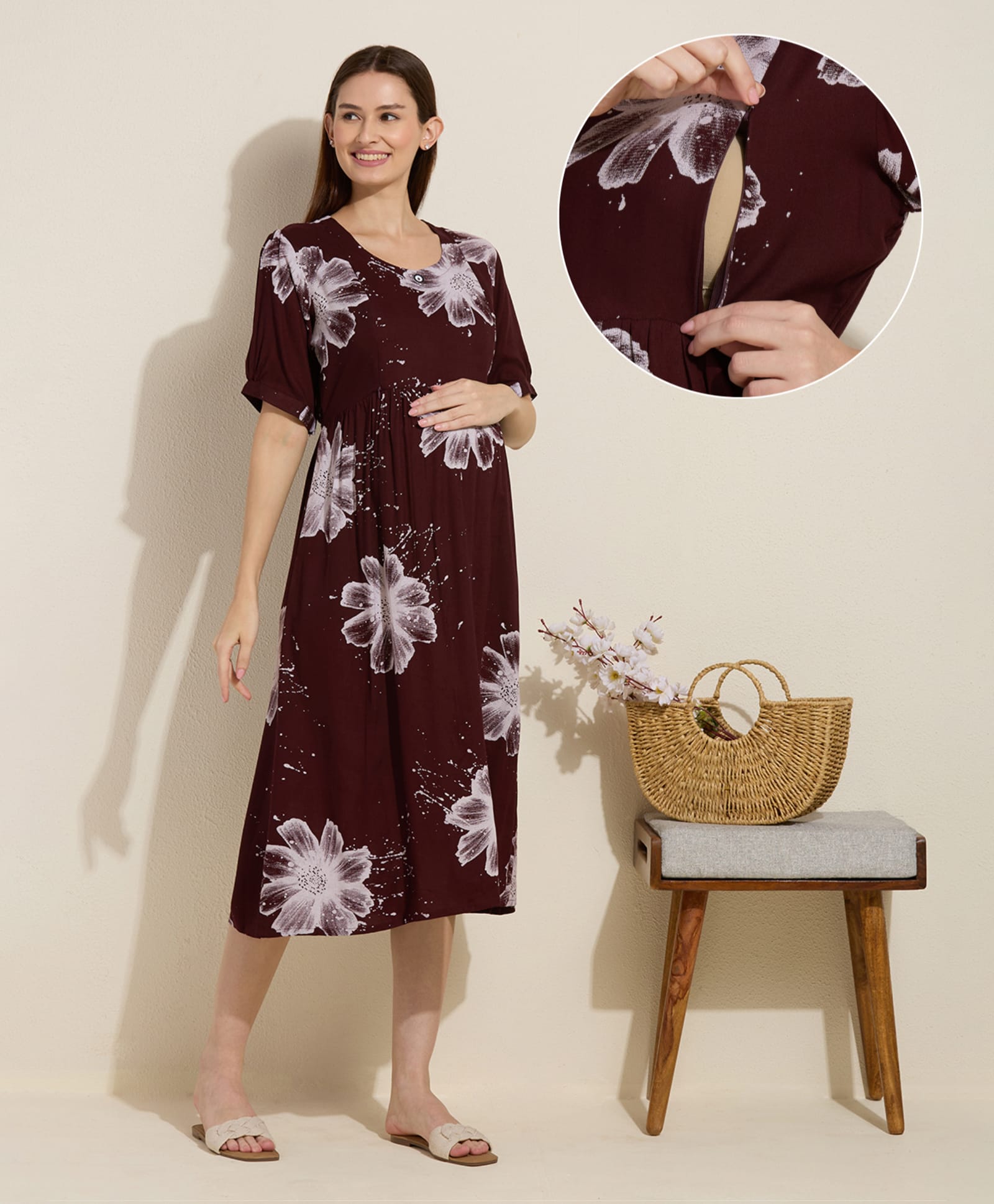 NIGHTSPREE Viscose Rayon Woven Half Sleeves Floral Printed Maternity Dress With Side Zipper Nursing Access - Maroon-picture-7