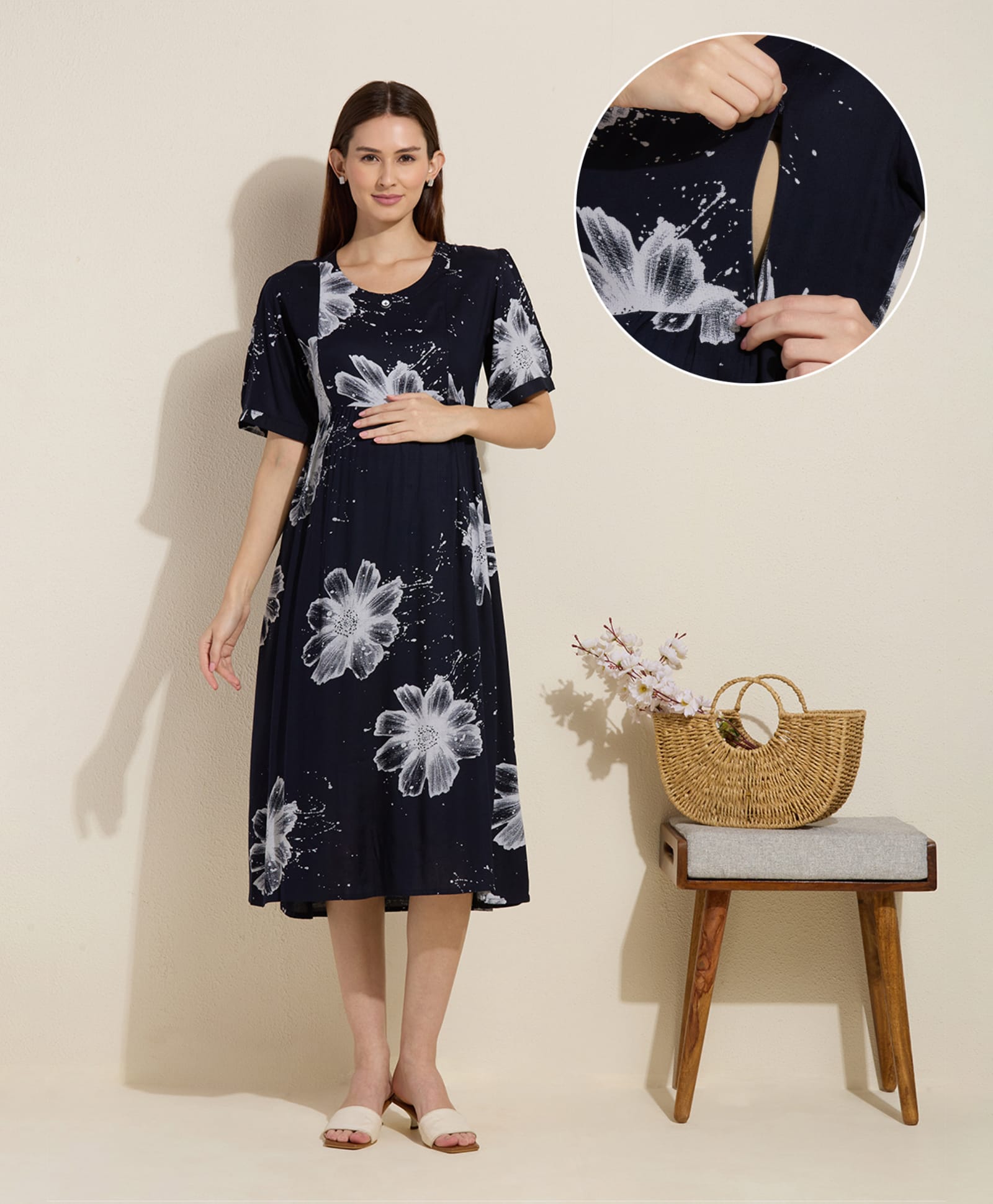 NIGHTSPREE Viscose Rayon Woven Half Sleeves Floral Printed Maternity Dress With Side Zipper Nursing Access - Navy Blue-picture-19