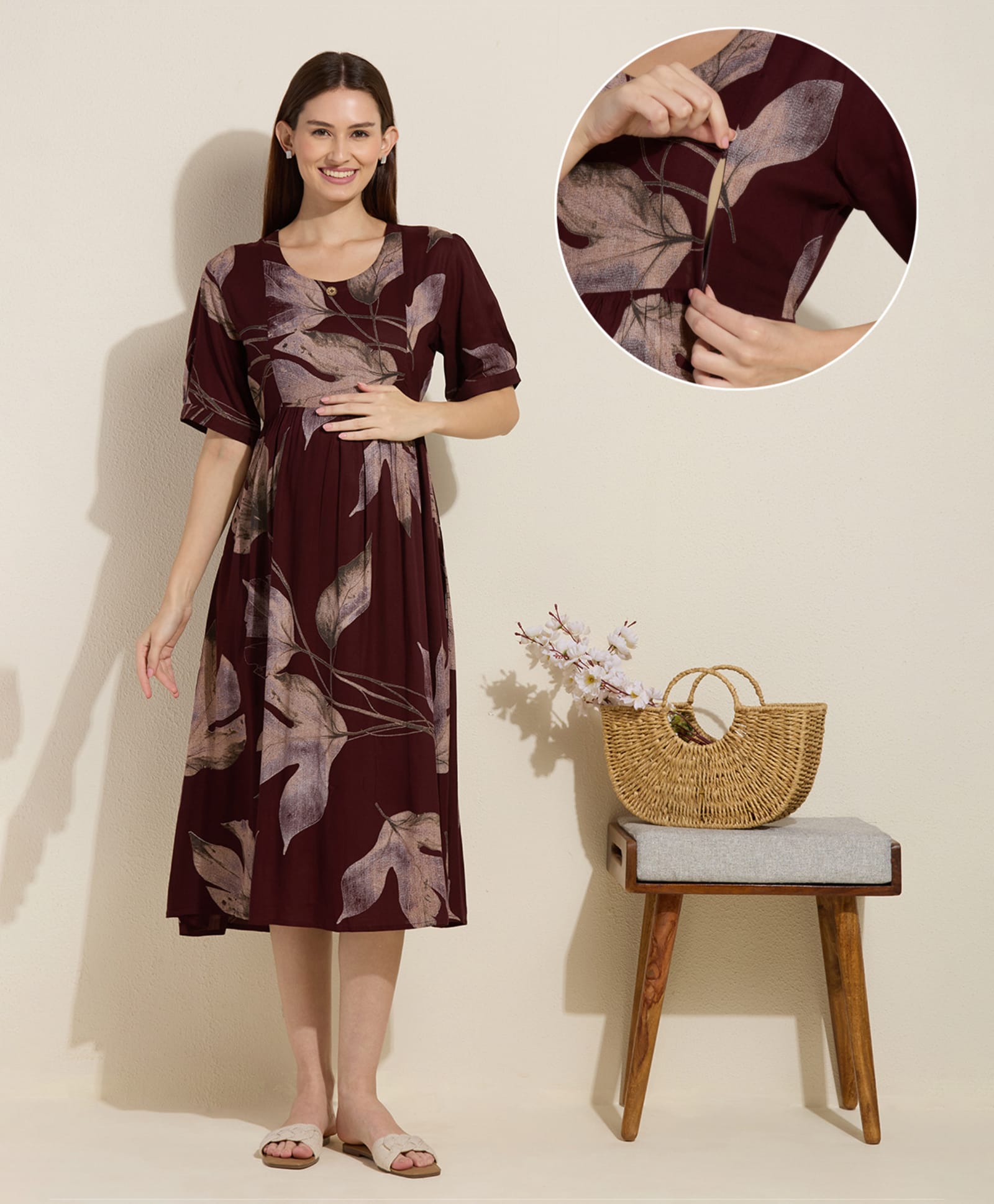 NIGHTSPREE Viscose Rayon Woven Half Sleeves Floral Printed Maternity Dress With Side Zipper Nursing Access - Maroon-image-38