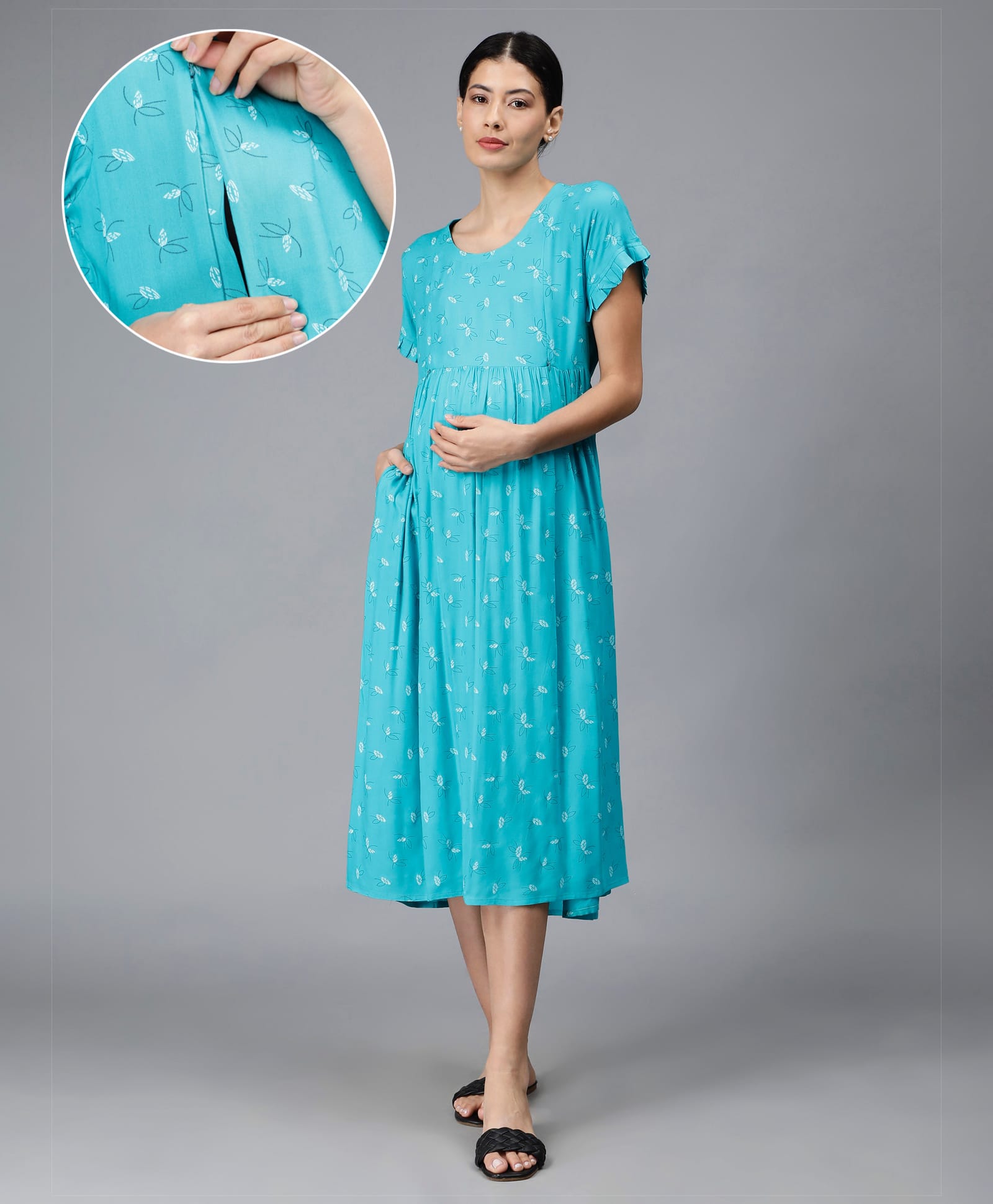 NIGHTSPREE Rayon Woven Half Sleeves Abstract Printed Maternity Dress With Side Zipper Nursing Access - Sky Blue-picture-28