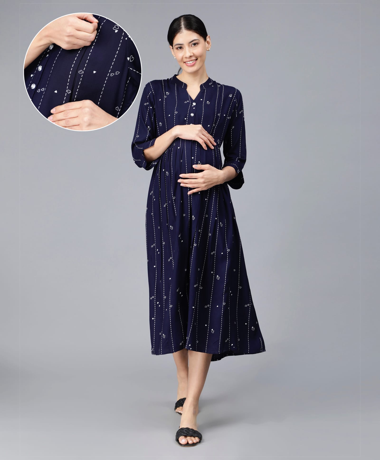 NIGHTSPREE Rayon Woven Three Fourth Sleeves Heart Printed Maternity Dress With Side Zipper Nursing Access -Navy Blue-picture-29
