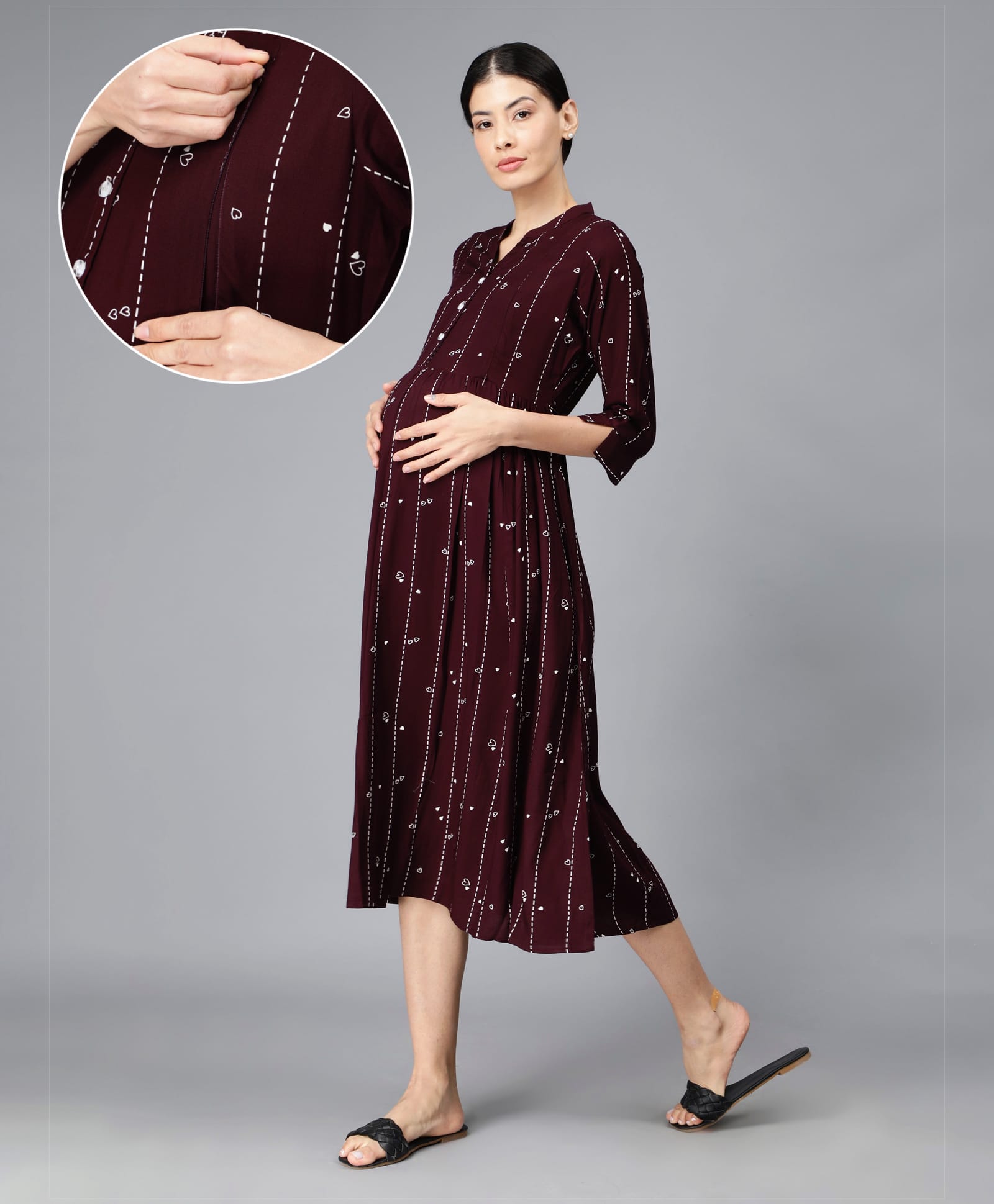 NIGHTSPREE Rayon Woven Three Fourth Sleeves Heart Printed Maternity Dress With Side Zipper Nursing Access -Purple-picture-6