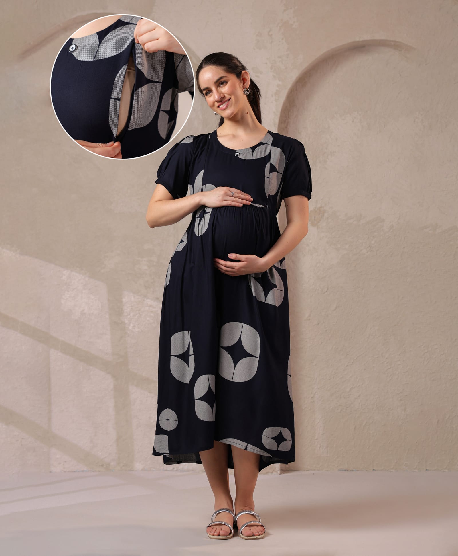 NIGHTSPREE Rayon Woven Half Sleeves Abstract Printed Maternity Dress With Side Zipper Nursing Access - Blue-image-13