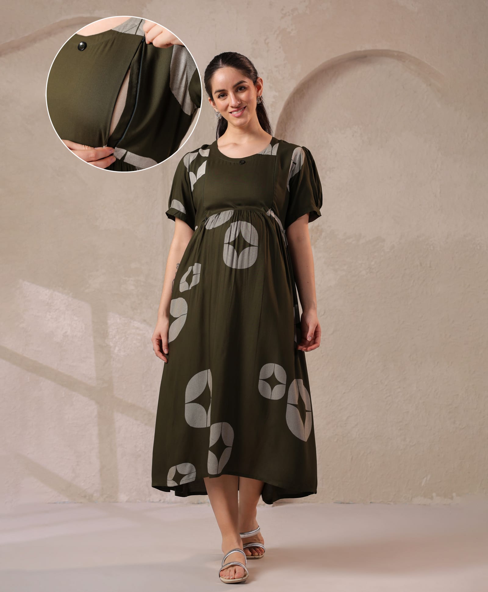 NIGHTSPREE Rayon Woven Half Sleeves Abstract Printed Maternity Dress With Side Zipper Nursing Access - Olive Green-image-44