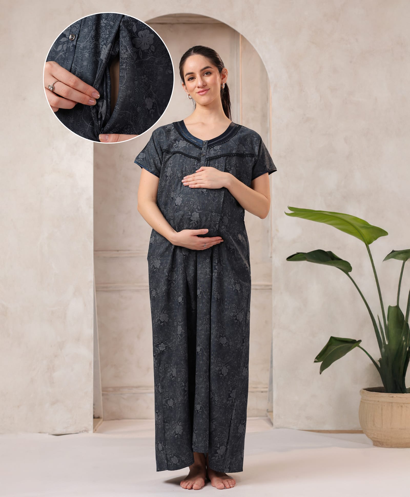 NIGHTSPREE Cotton Blend Woven Half Sleeves Floral Printed Maternity Nighty With Side zipper Nursing Access - Blue-image-24