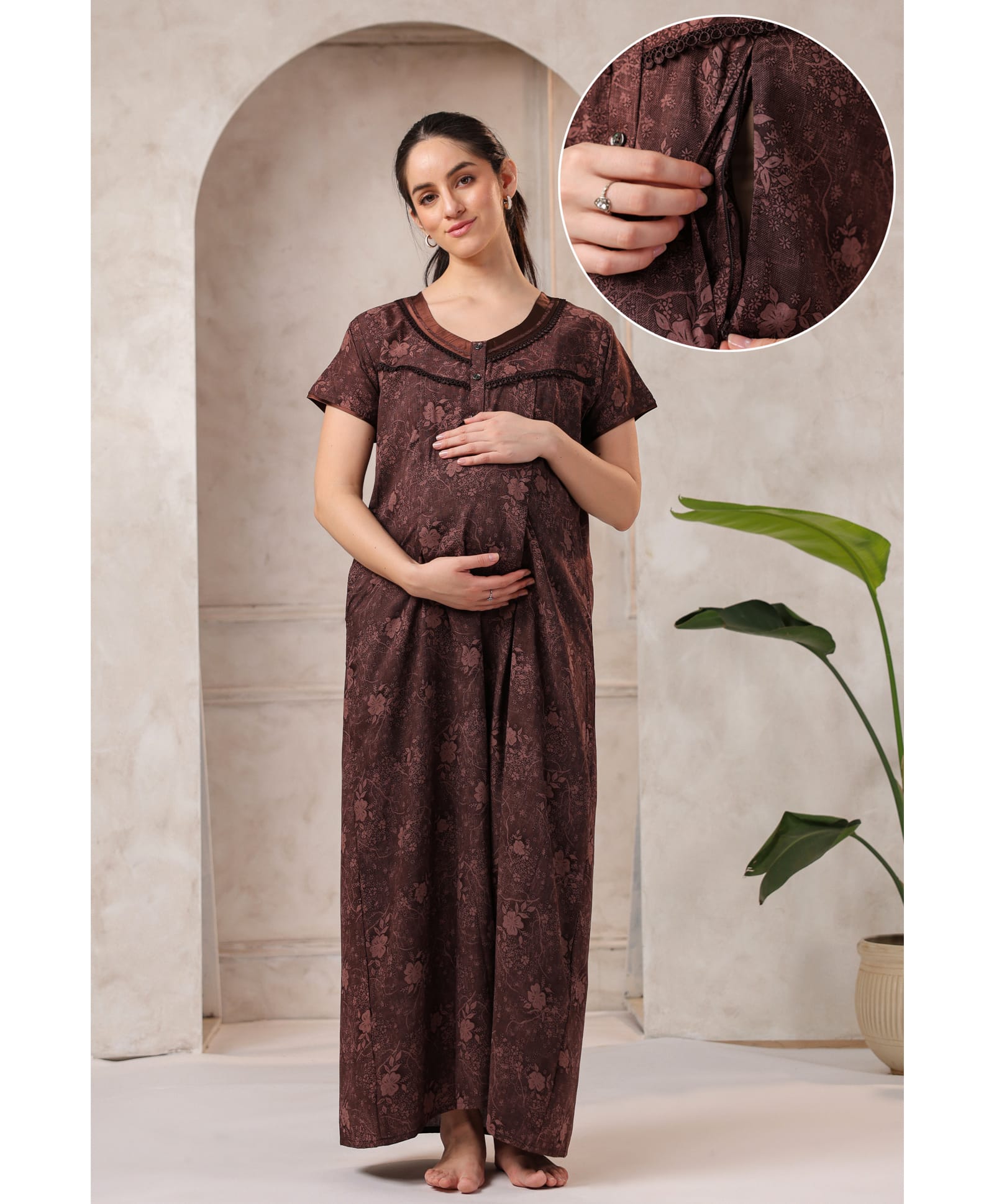NIGHTSPREE Cotton Blend Woven Half Sleeves Floral Printed Maternity Nighty With Centre Nursing Access - Brown-image-36
