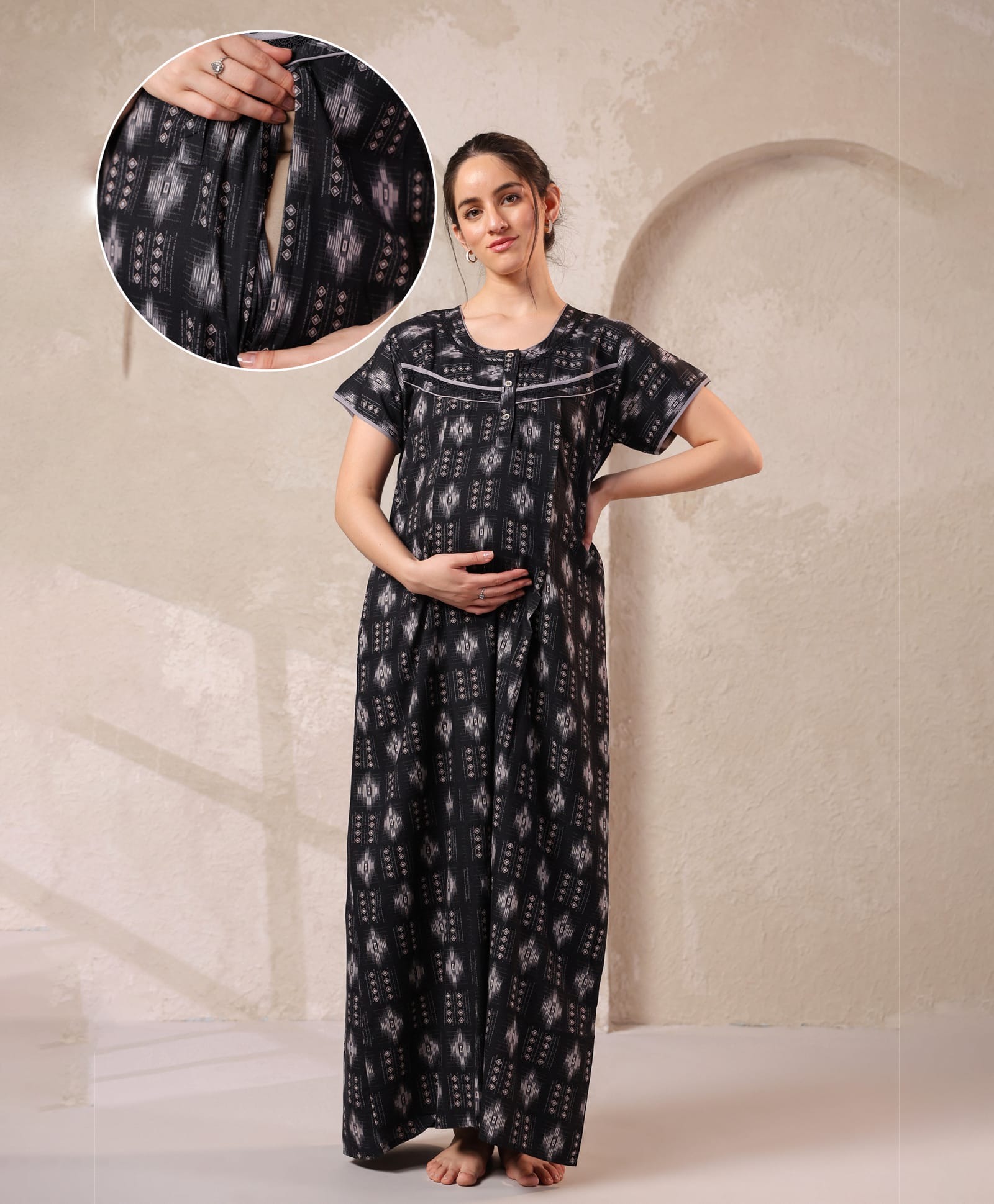 NIGHTSPREE Cotton Blend Woven Half Sleeves Abstract Printed Maternity Nighty With Side Zipper Nursing Access -Black-image-44