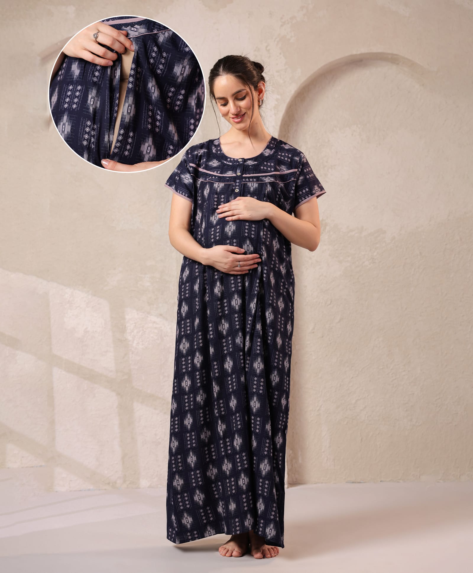 NIGHTSPREE Cotton Blend Woven Half Sleeves Abstract Printed Maternity Nighty With Side Zipper Nursing Access -Navy Blue-picture-42
