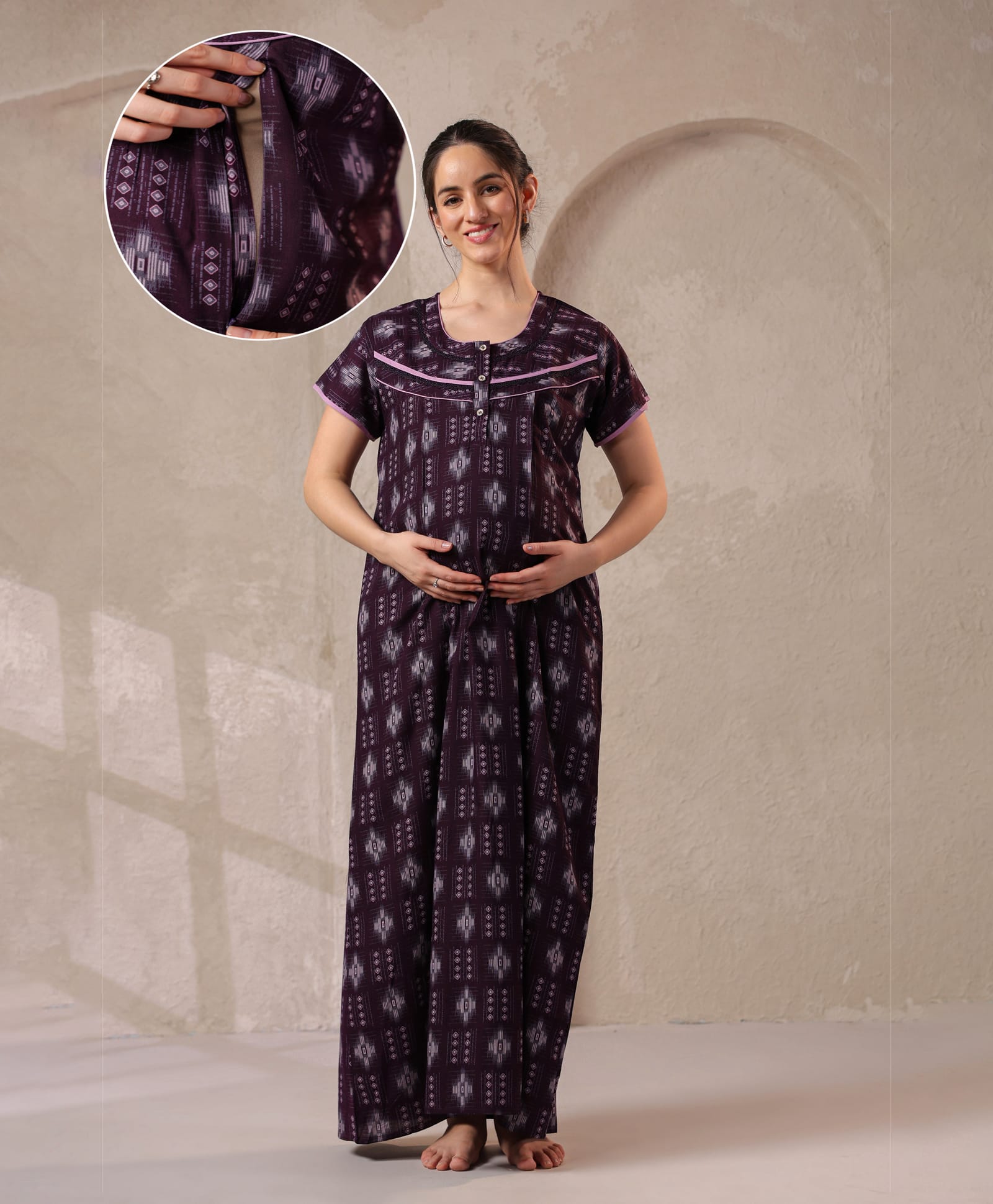 NIGHTSPREE Cotton Blend Woven Half Sleeves Abstract Printed Maternity Nighty With Side Zipper Nursing Access - Purple-image-45