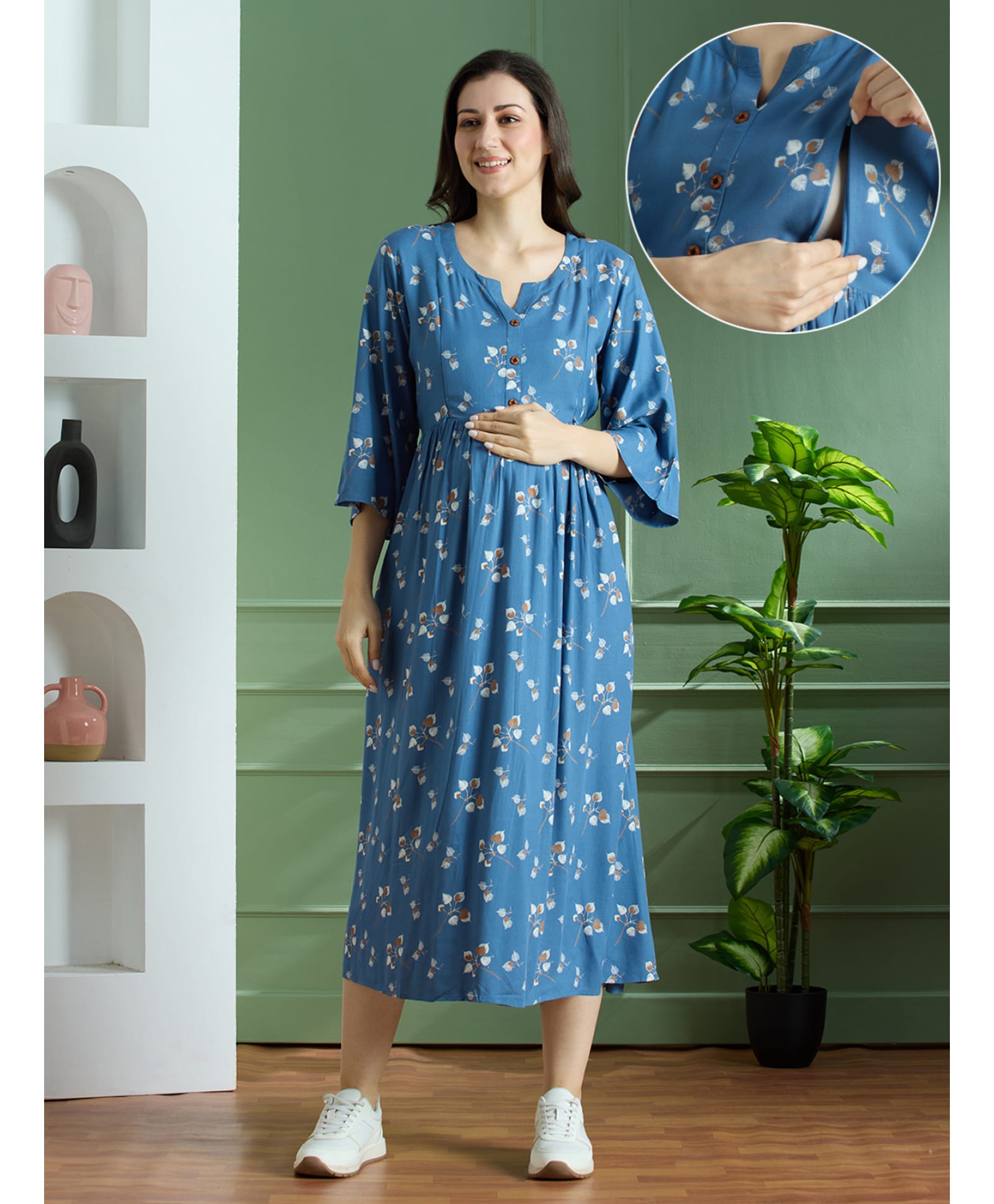 NIGHTSPREE Viscose Rayon Woven Three Fourth Sleeves Floral Printed Maternity Dress With Side Zipper Nursing Access - Blue-image-49