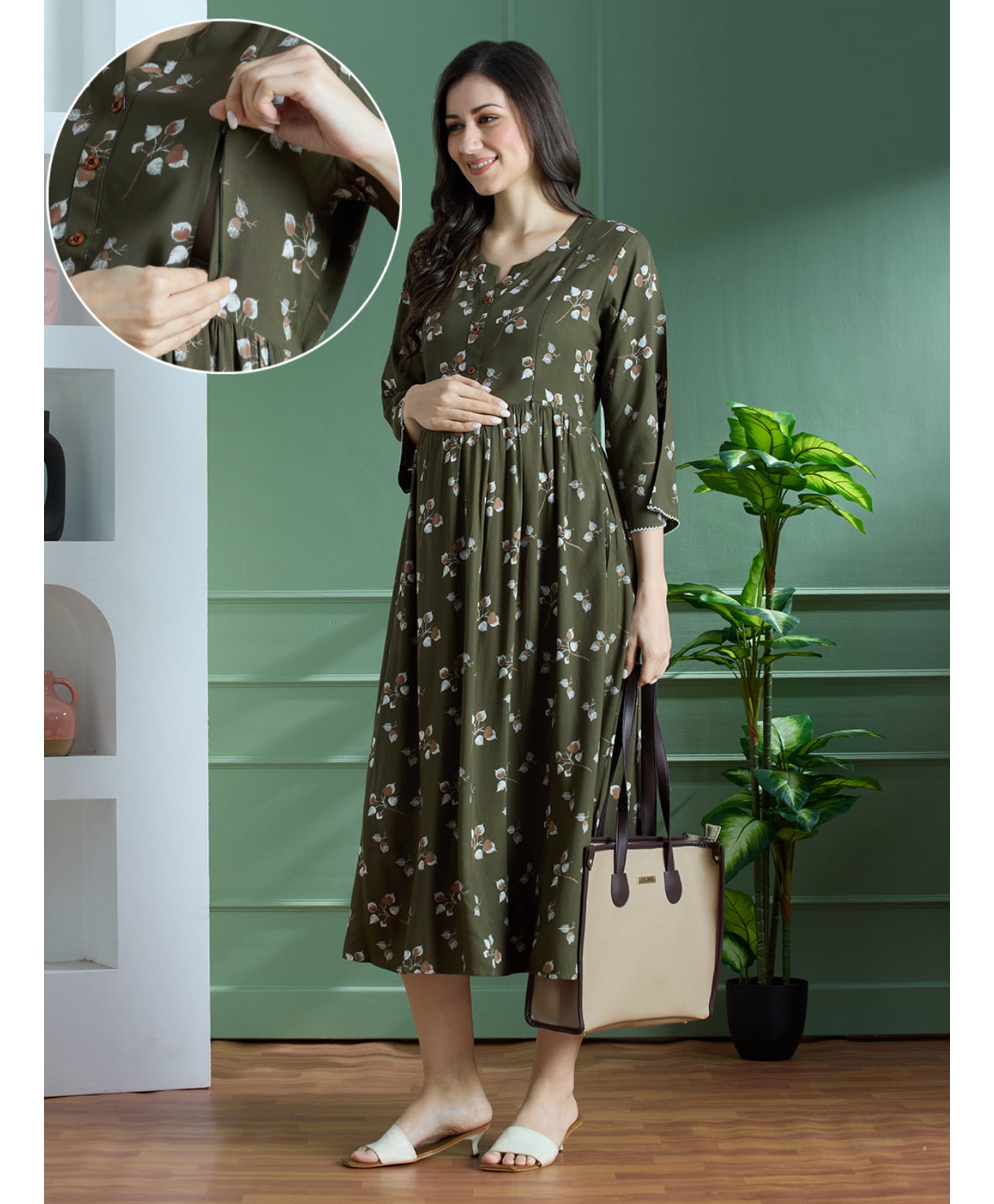 NIGHTSPREE Viscose Rayon Woven Three Fourth Sleeves Floral Printed Maternity Dress With Side Zipper Nursing Access - Green-image-48