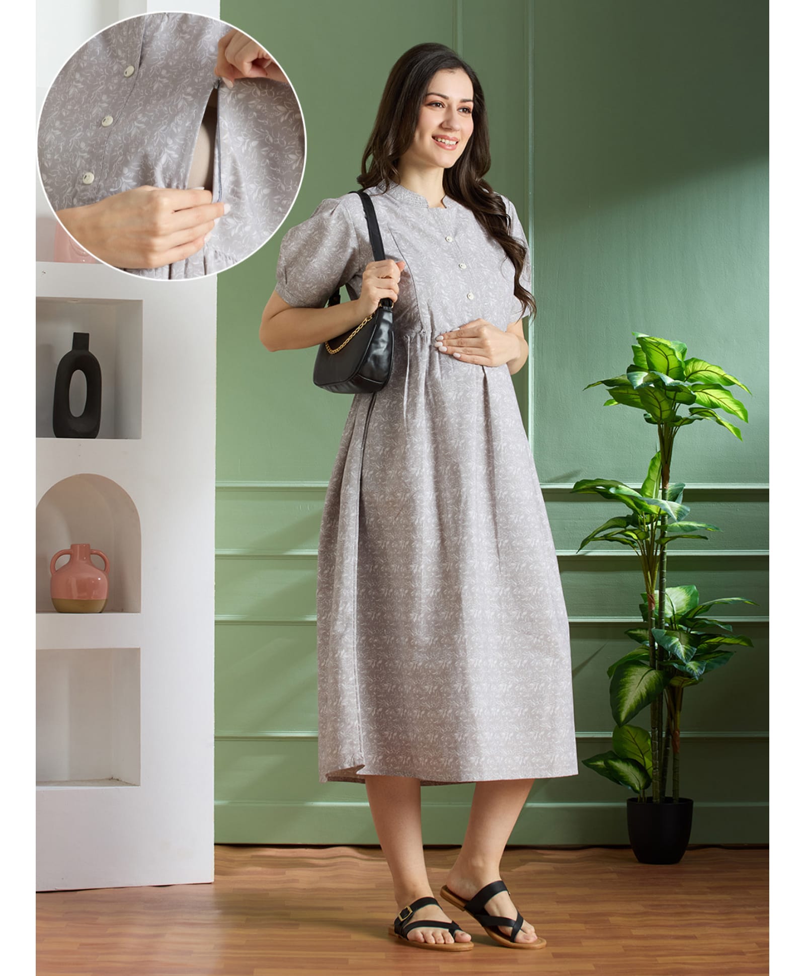 NIGHTSPREE Cotton Woven Half Sleeves Leaves Printed Maternity Dress With Side Zipper Nursing Access - Grey-image-43