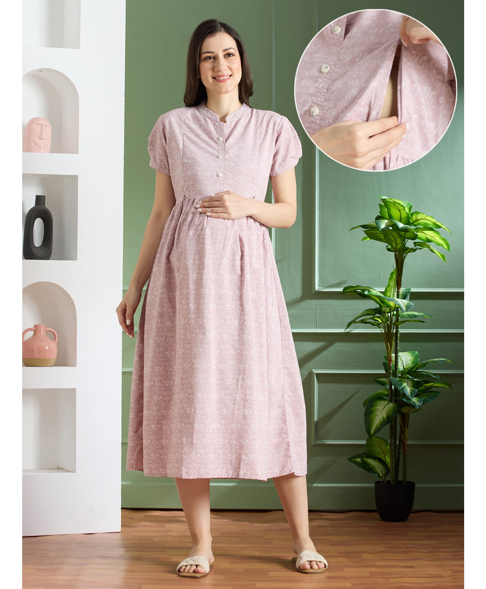 NIGHTSPREE Cotton Woven Half Sleeves Floral Printed Maternity Dress With Centre Nursing Access - Peach-picture-31