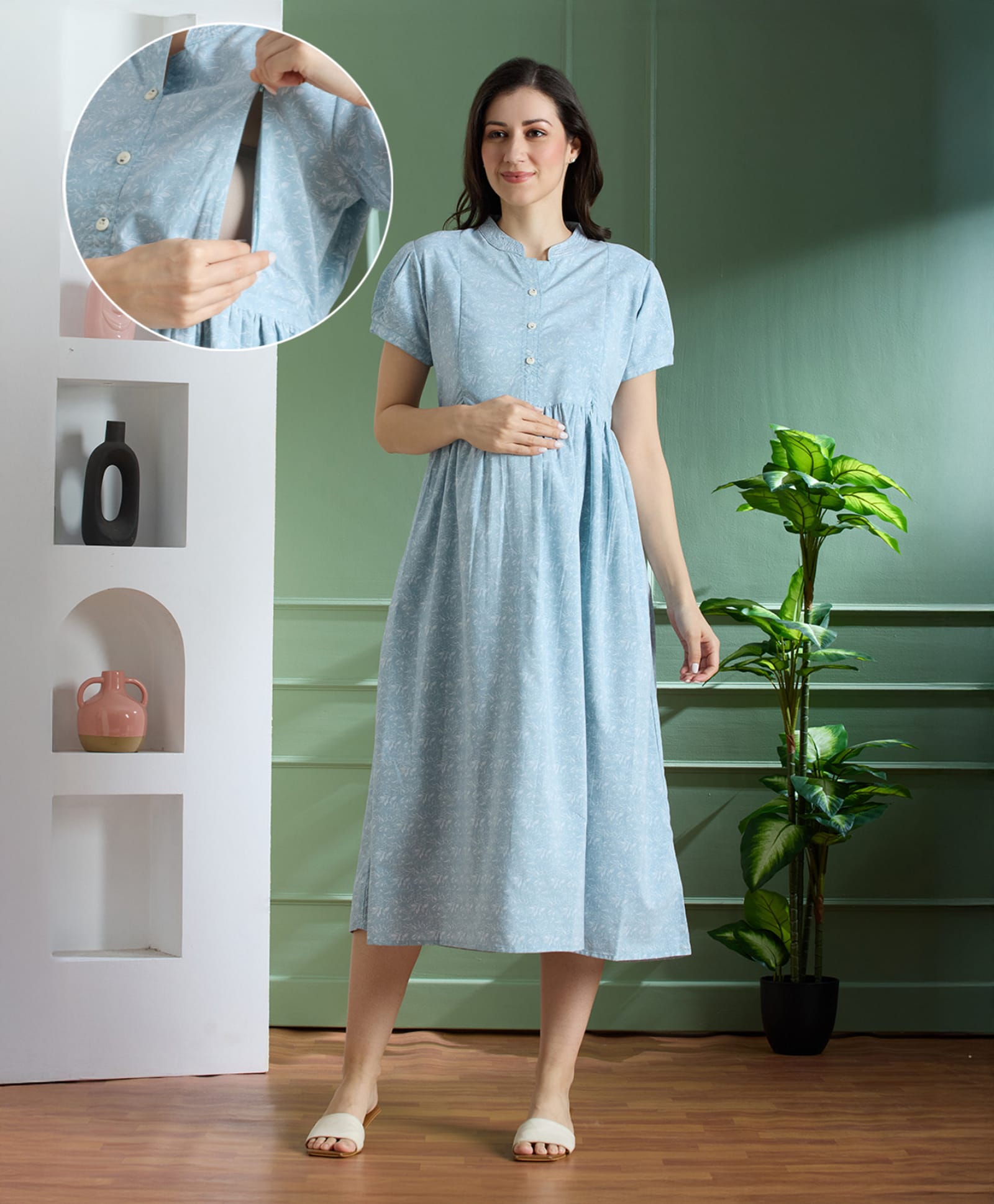 NIGHTSPREE Cotton Woven Half Sleeves Leaves Printed Maternity Dress With Side Zipper Nursing Access - Blue-image-26