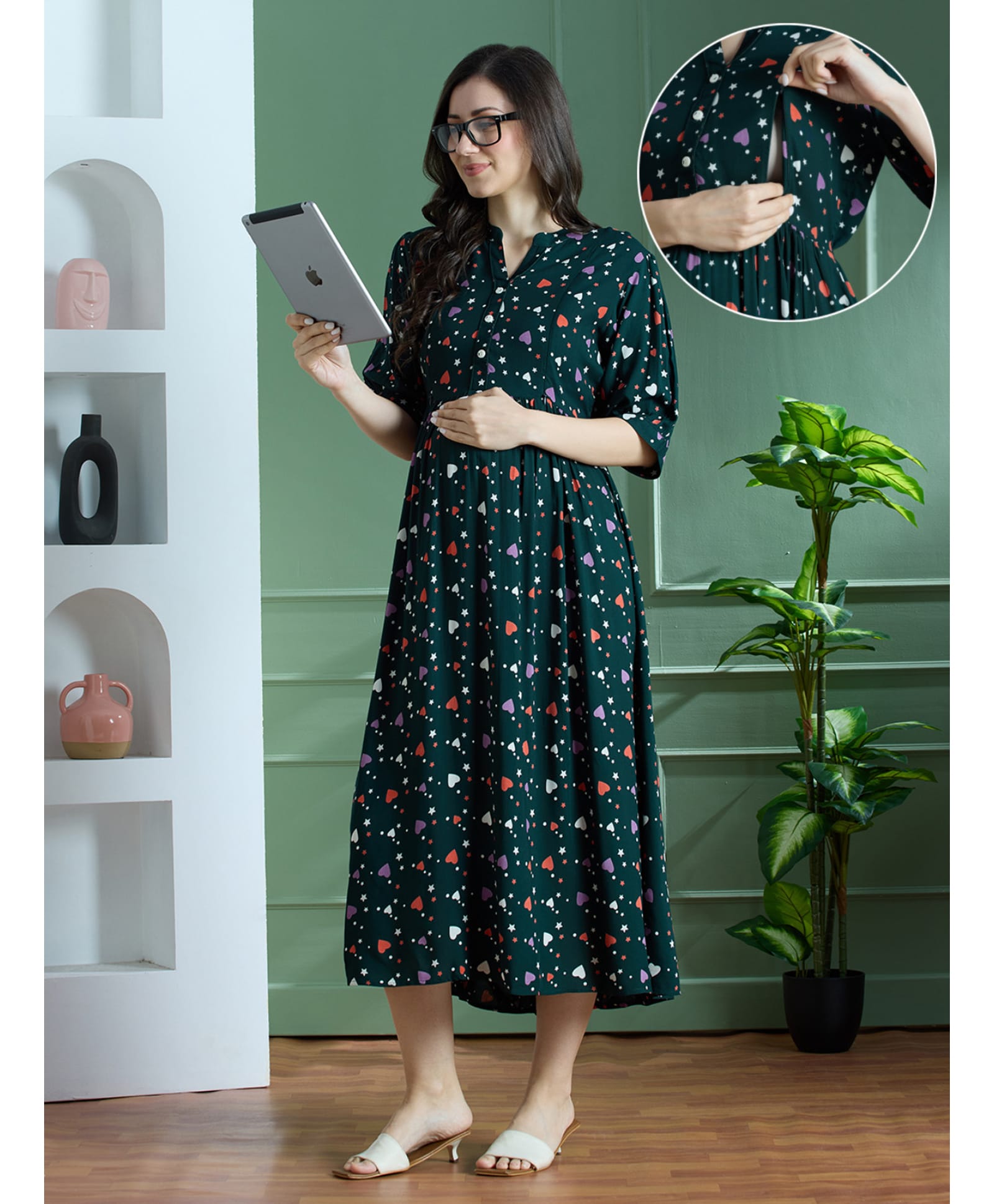 NIGHTSPREE Viscose Rayon Woven Three Fourth Sleeves Heart Printed Maternity Dress With Side Zipper Nursing Access - Green-image-49