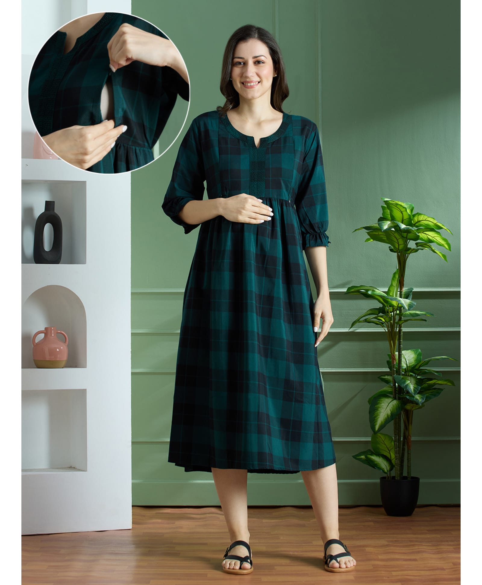 NIGHTSPREE Cotton Woven Three Fourth Sleeves Checked Maternity Dress With Side Zipper Nursing Access - Green-image-46