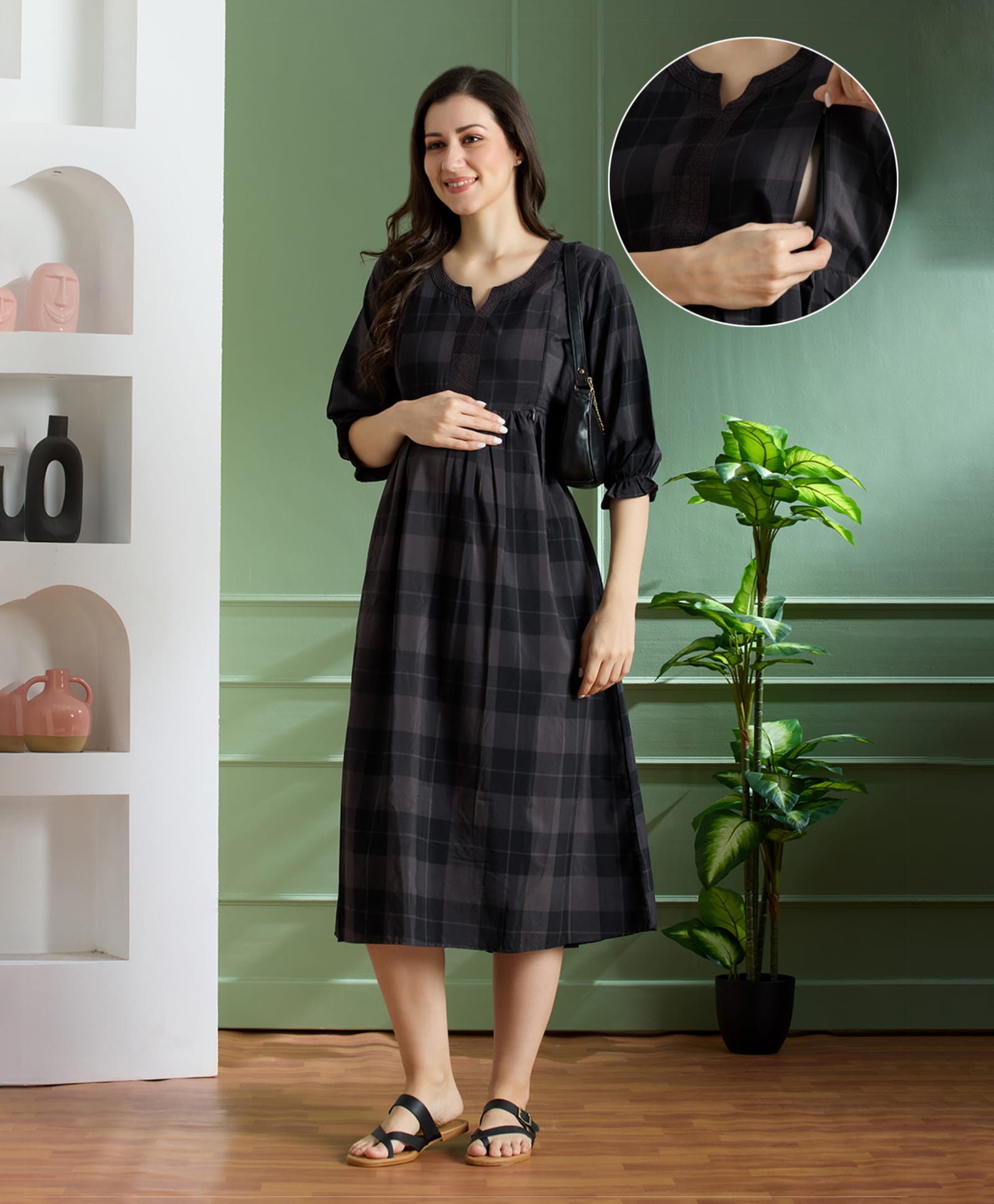 NIGHTSPREE Cotton Woven Three Fourth Sleeves Checked Maternity Dress With Side Zipper Nursing Access - Grey-image-33