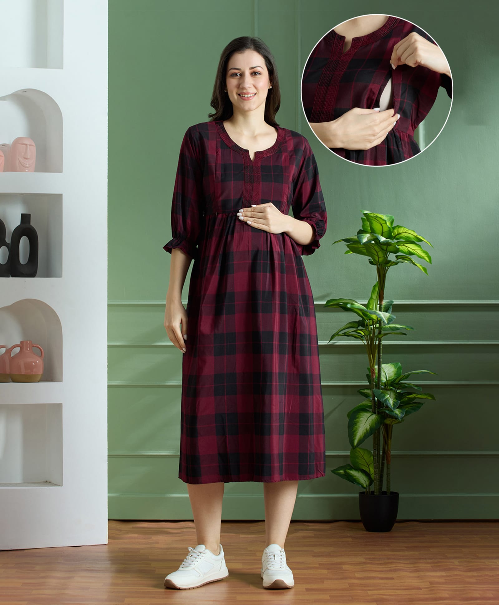 NIGHTSPREE Cotton Woven Three Fourth Sleeves Checked Maternity Dress With Side Zipper Nursing Access - Maroon