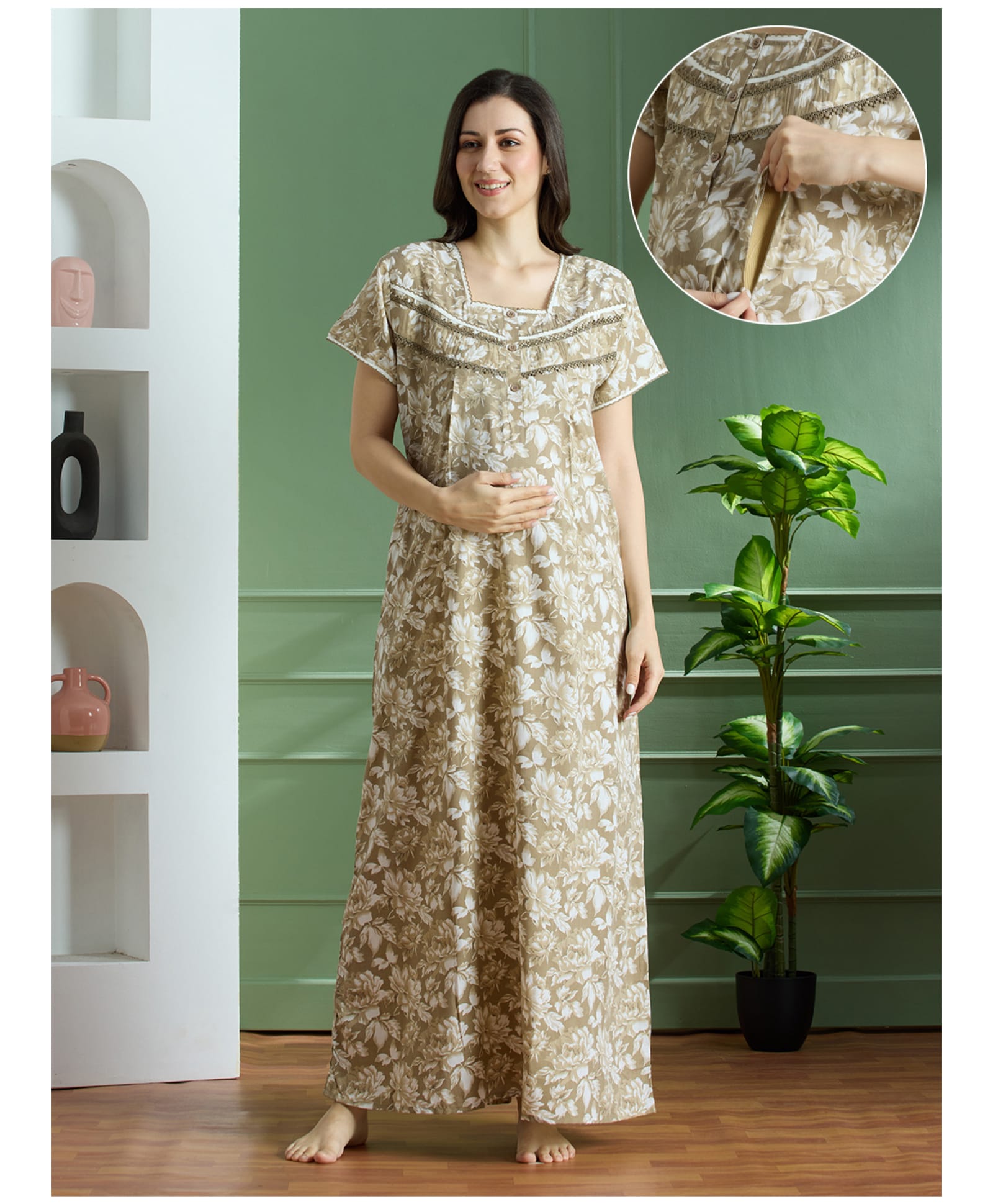 NIGHTSPREE Cotton Woven Half Sleeves Floral Printed Maternity Nighty With Side Zipper Nursing Access - Mustard-picture-27