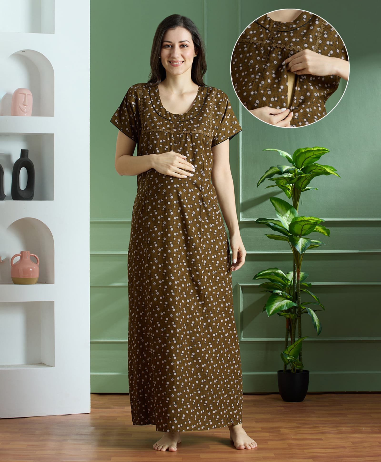 NIGHTSPREE Cotton Woven Half Sleeves Floral Printed Maternity Nighty Gown With Side Zipper Nursing Access - Mustard-picture-25