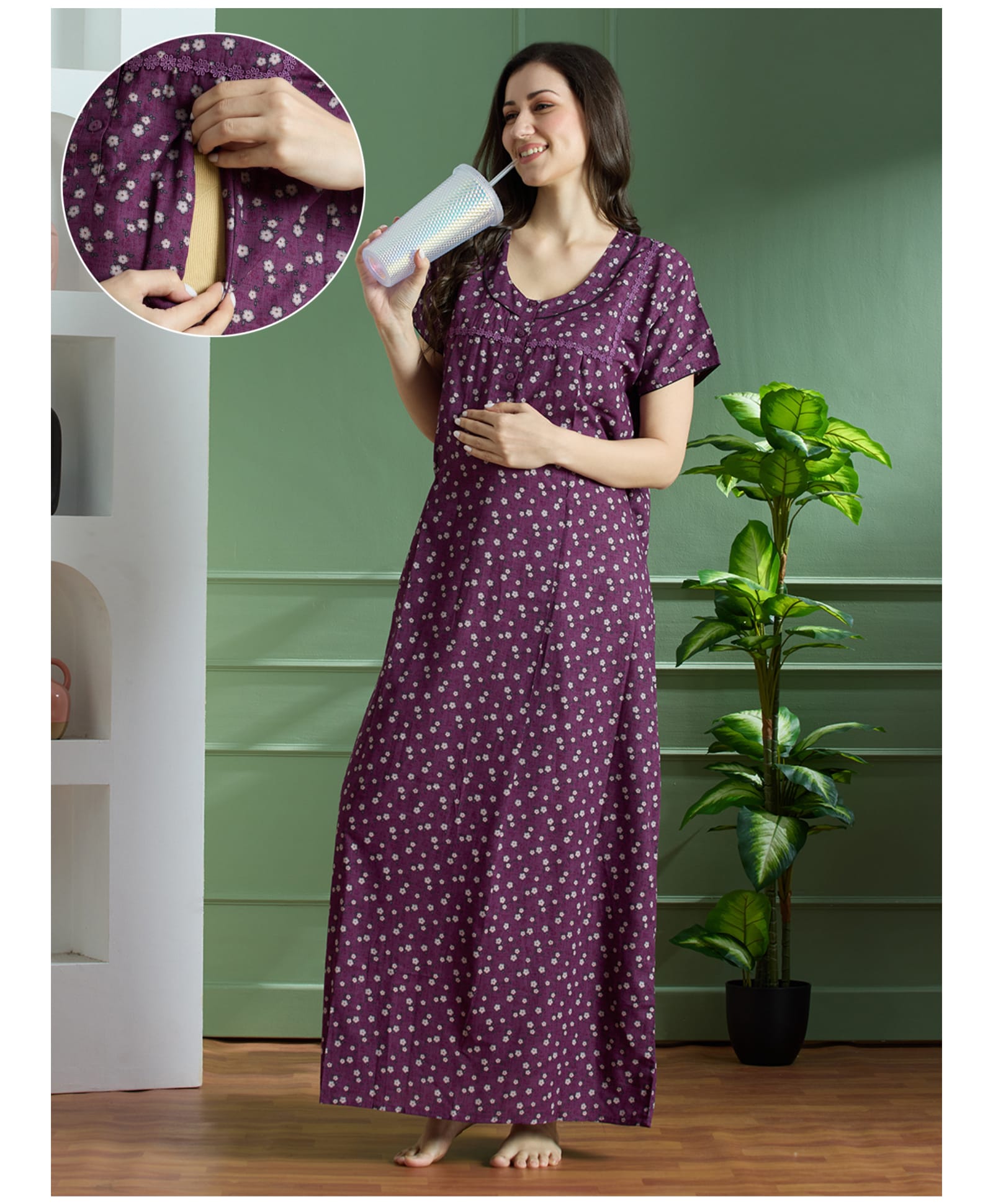 NIGHTSPREE Cotton Woven Half Sleeves Floral Printed Maternity Nighty Gown With Side Zipper Nursing Access - Purple