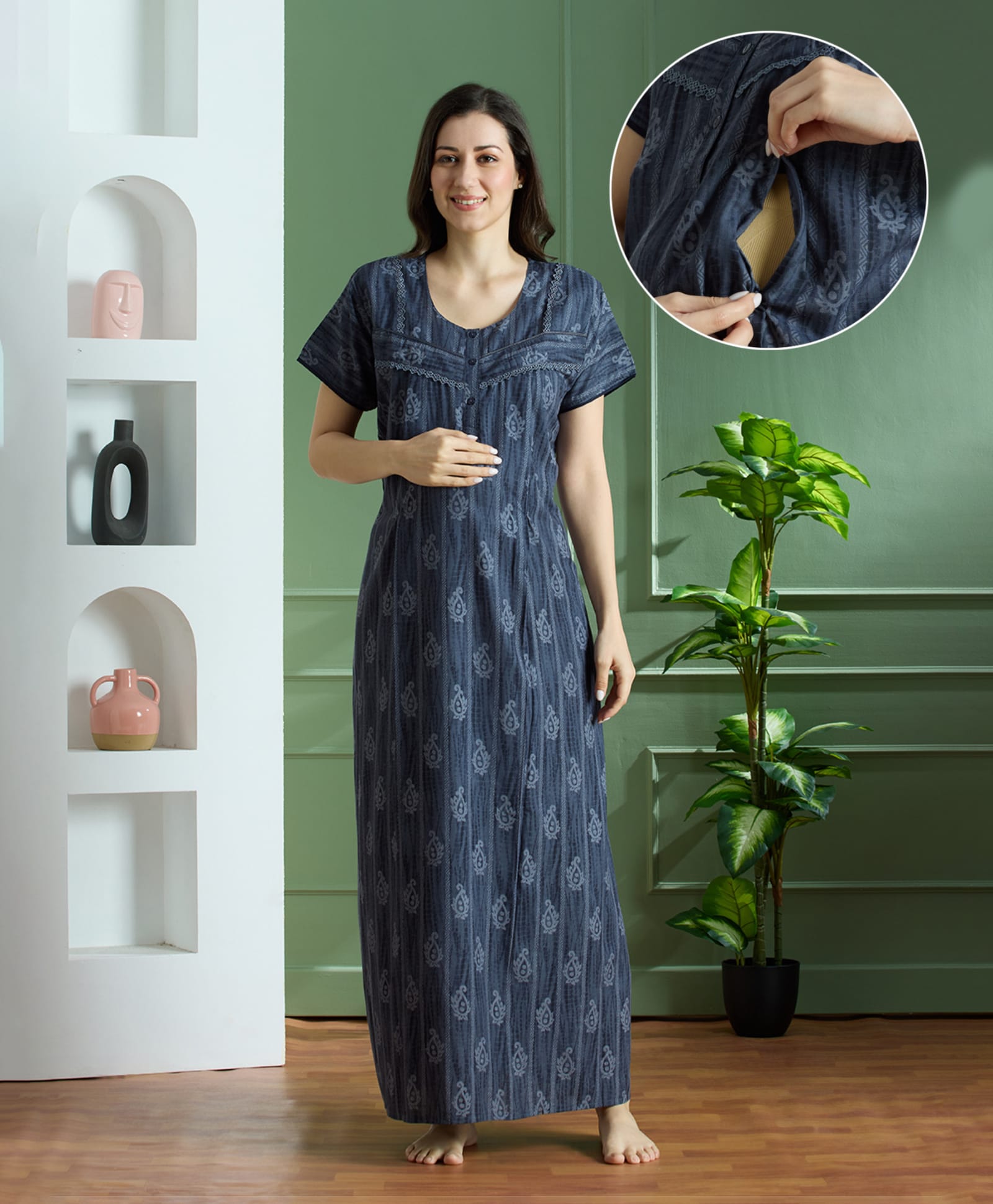 NIGHTSPREE Cotton Woven Half Sleeves Ethnic Motifs Printed Maternity Nighty With Side Zipper Nursing Access - Grey-image-43
