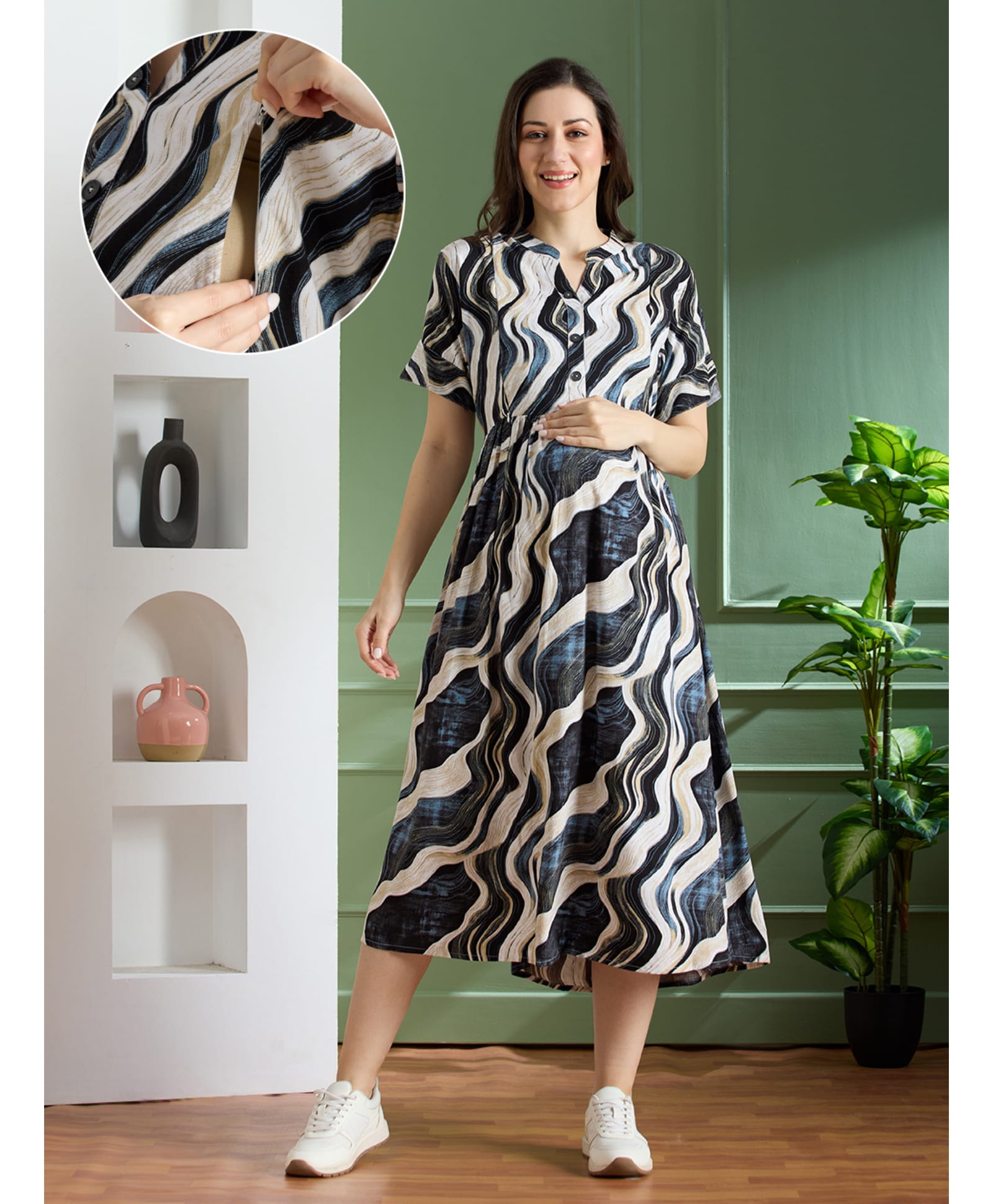 NIGHTSPREE Viscose Rayon Woven Half Sleeves Abstract Printed Maternity Dress With Side Zipper Nursing Access - Blue