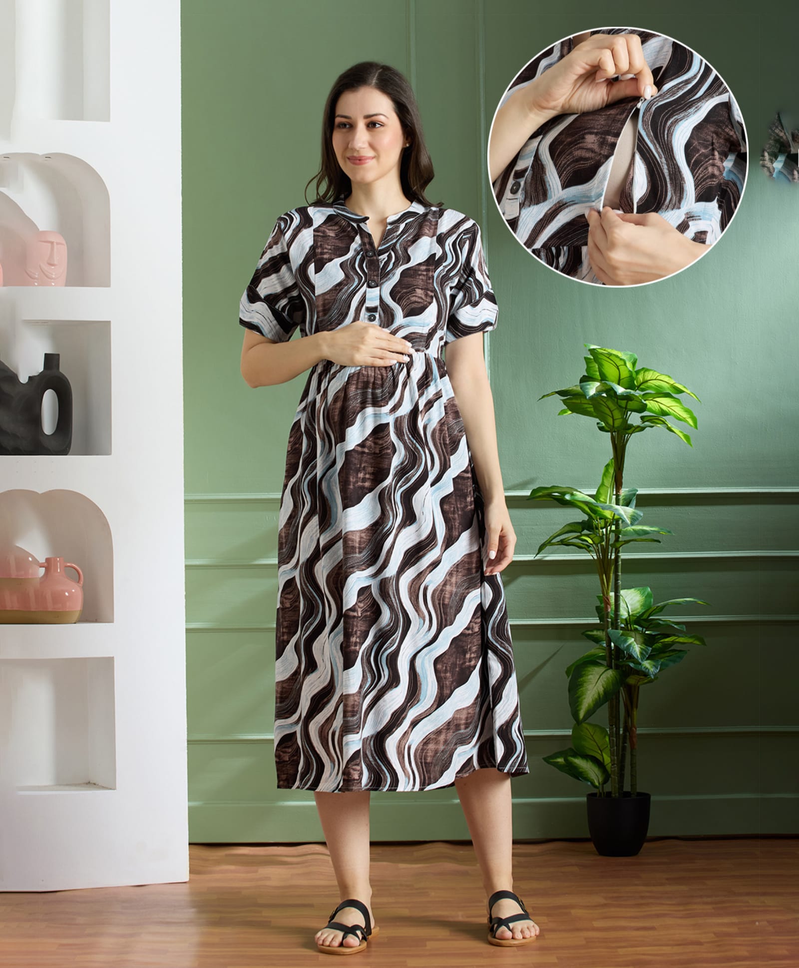 NIGHTSPREE Viscose Rayon Woven Half Sleeves Abstract Printed Maternity Dress With Side Zipper Nursing Access - Brown-image-39