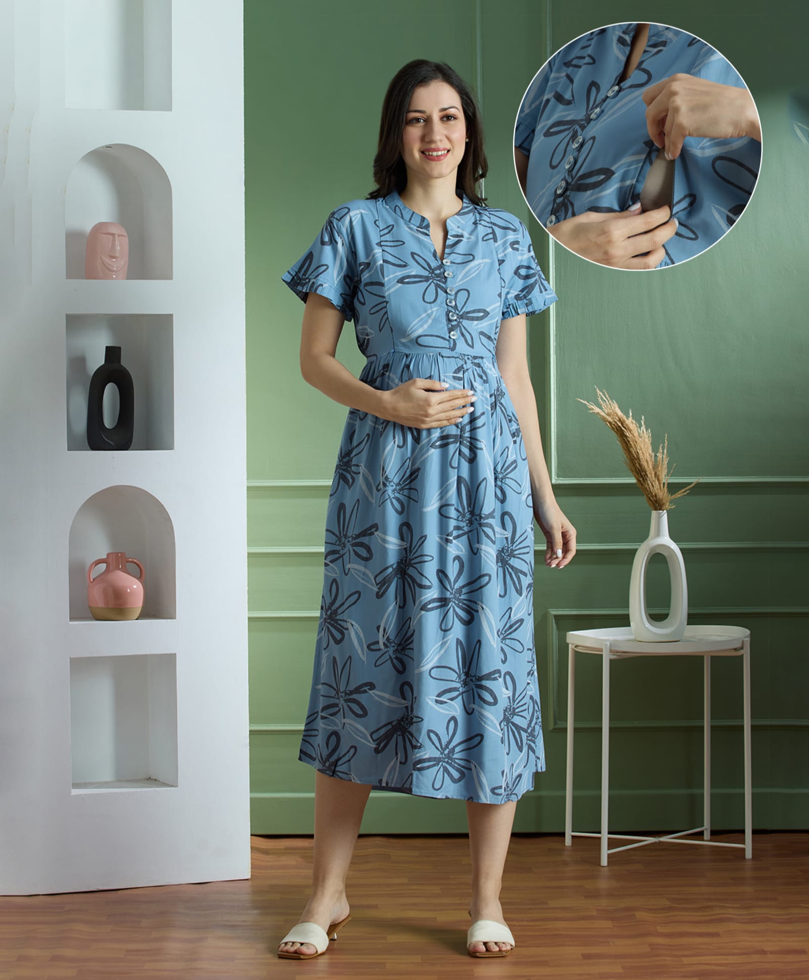 NIGHTSPREE Viscose Rayon Woven Half Sleeves Floral Printed Maternity Dress With Side Zipper Nursing Access - Blue-picture-30