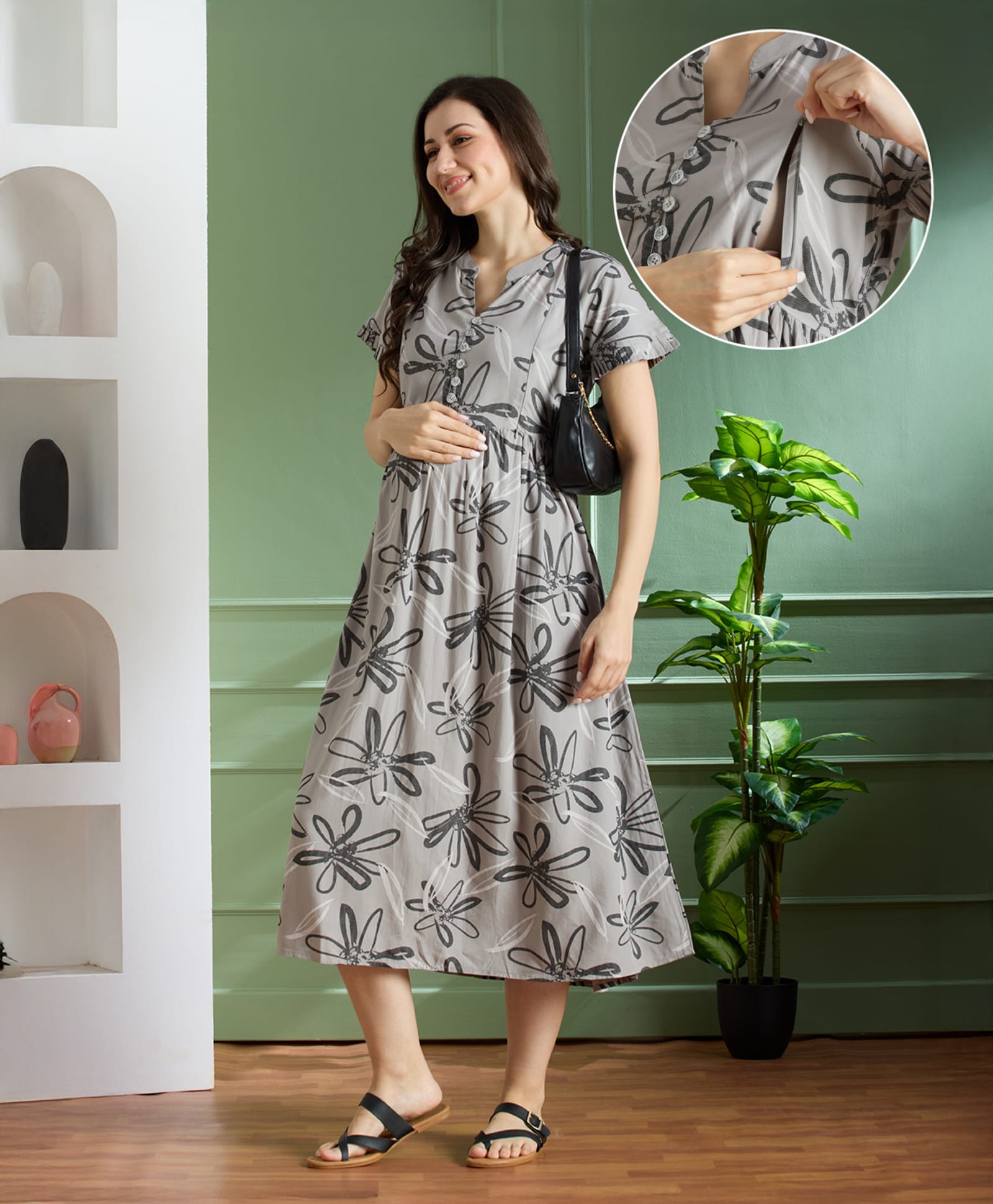 NIGHTSPREE Viscose Rayon Woven Half Sleeves Floral Printed Maternity Dress With Side Zipper Nursing Access - Grey-picture-22