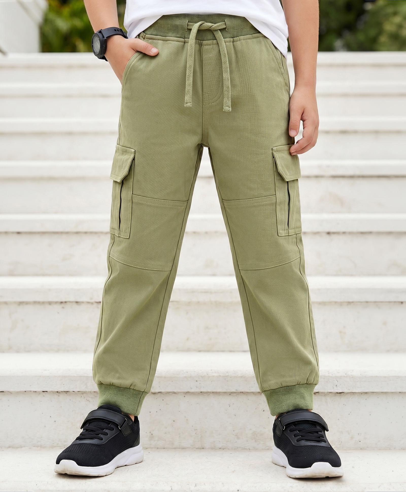 Pine Kids Cotton Elastane Woven Full Length Cut N Sew Trouser With Cargo Pockets - Olive Green-picture-11