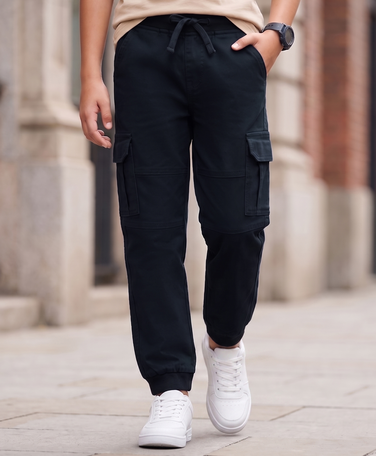 Pine Kids Cotton Elastane Woven Full Length Cut N Sew Trouser With Cargo Pockets - Navy Blue-picture-14