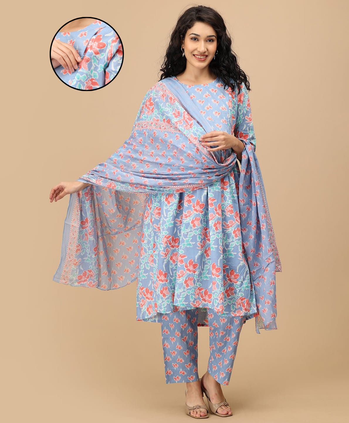 The Mom Store Cotton Woven Three Fourth Sleeves Floral Printed Maternity Kurta With Nursing Access & Pant With Dupatta Set - Blue-picture-13