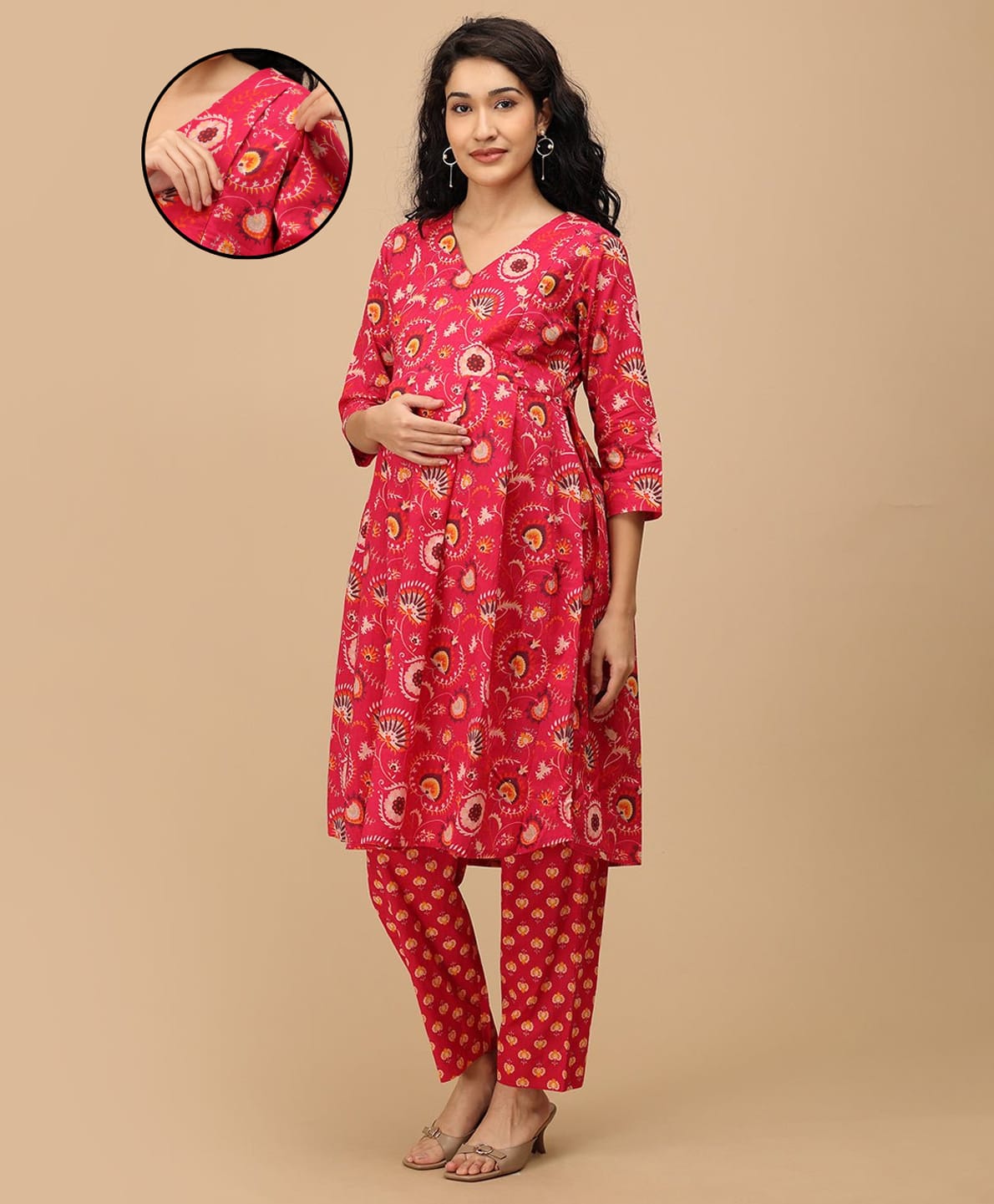 The Mom Store Cotton Woven Three Fourth Sleeves Floral Printed Maternity Kurti With Nursing Access & Pant Set - Multi Color-image-40
