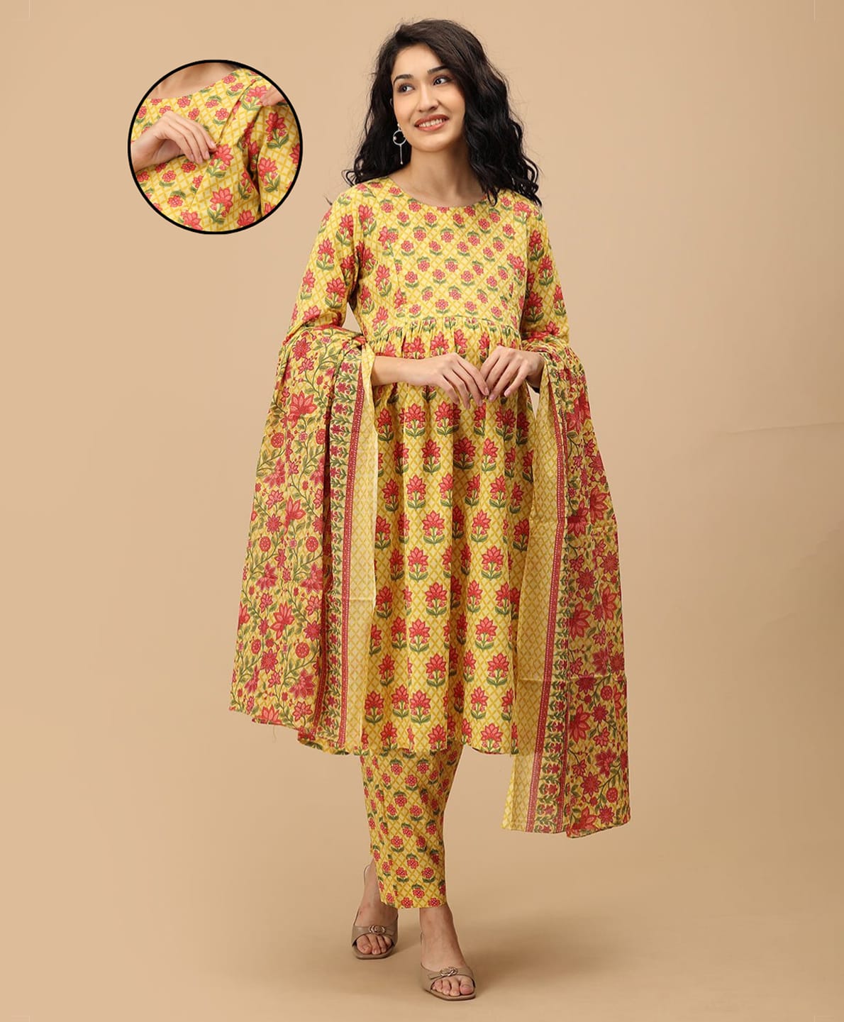 The Mom Store Cotton Woven Three Fourth Sleeves Floral Printed Maternity Kurti With Nursing Access & Pant With Dupatta Set - Yellow