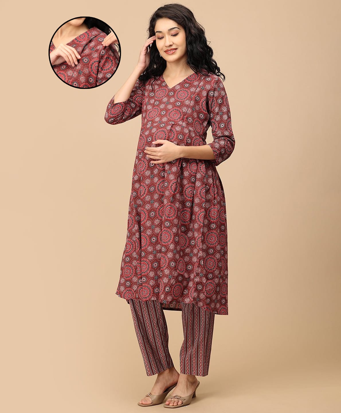 The Mom Store Cotton Woven Three Fourth Sleeves Floral Printed Maternity Kurta With Nursing Access & Pant Set - Multi Color-image-33