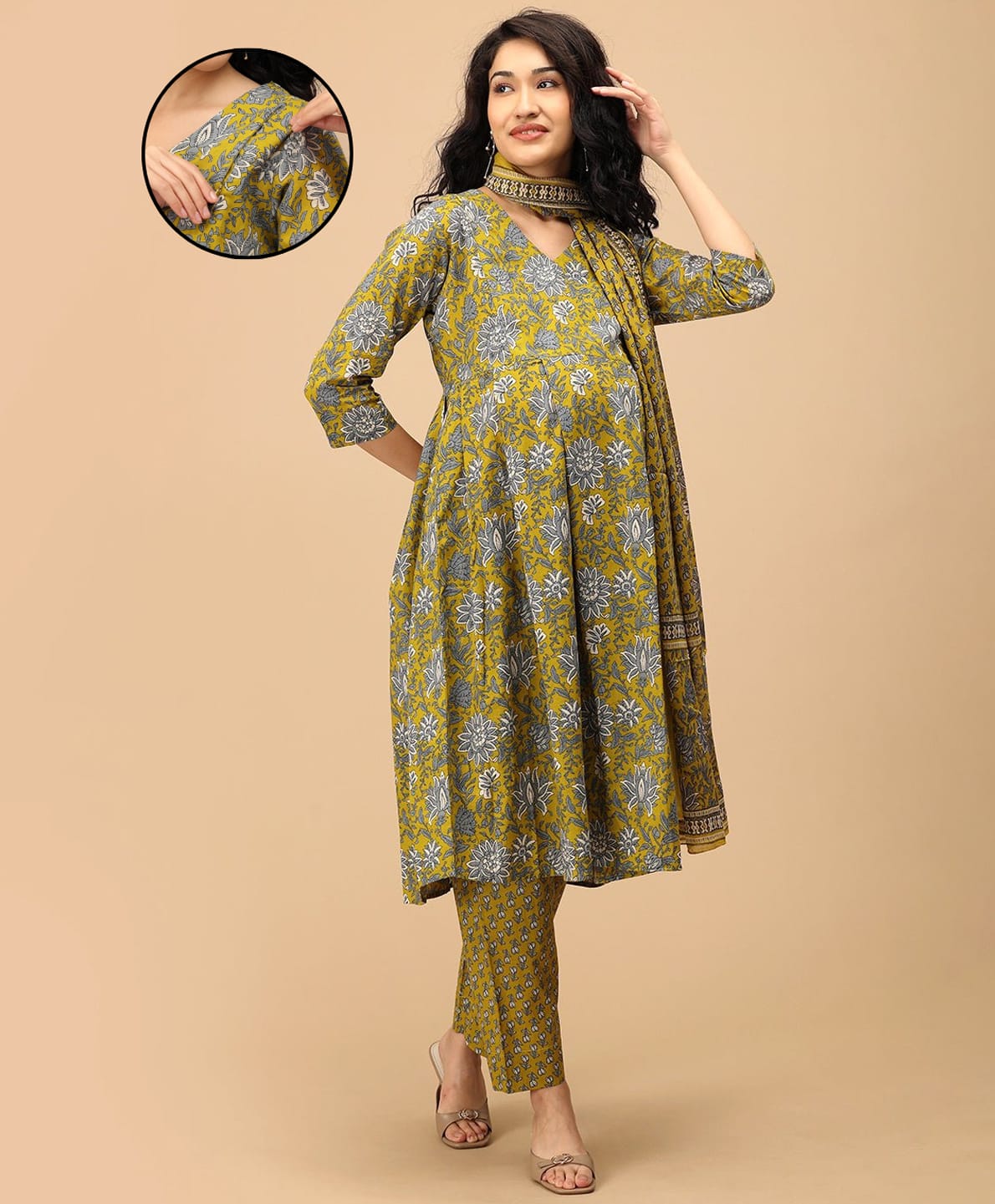 The Mom Store Cotton Woven Three Fourth Sleeves Floral Printed Maternity Kurti With Nursing Access & Pant With Dupatta Set - Multi Color-image-32