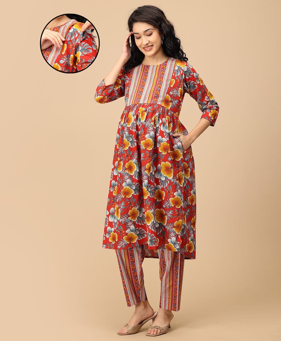 The Mom Store Cotton Woven Three Fourth Sleeves Floral Printed Maternity Kurti With Nursing Access & Pant Set - Red-image-31